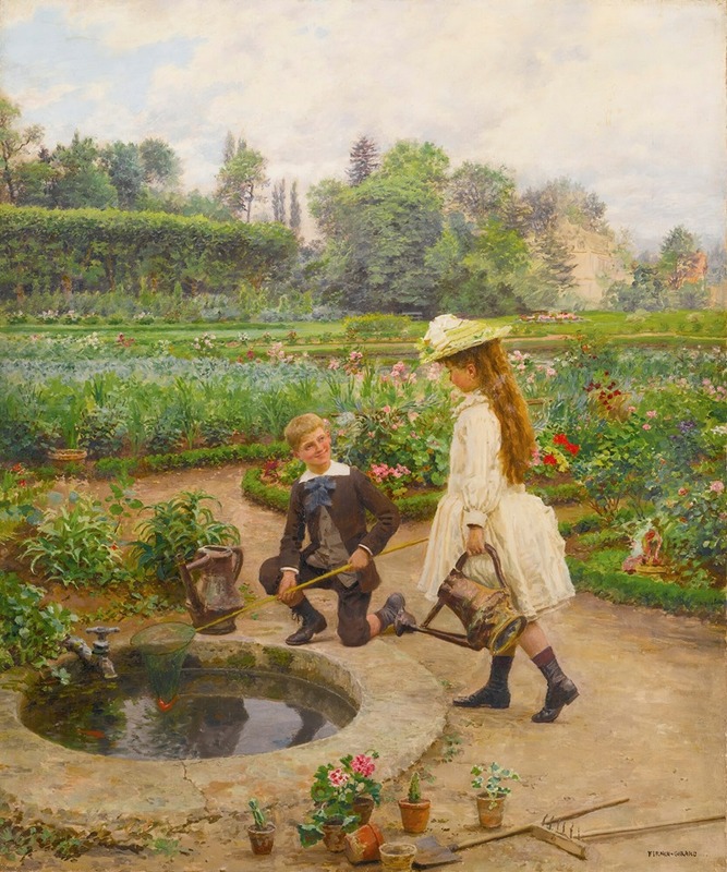 A depiction of children by a pond, showcasing the charm of everyday life.