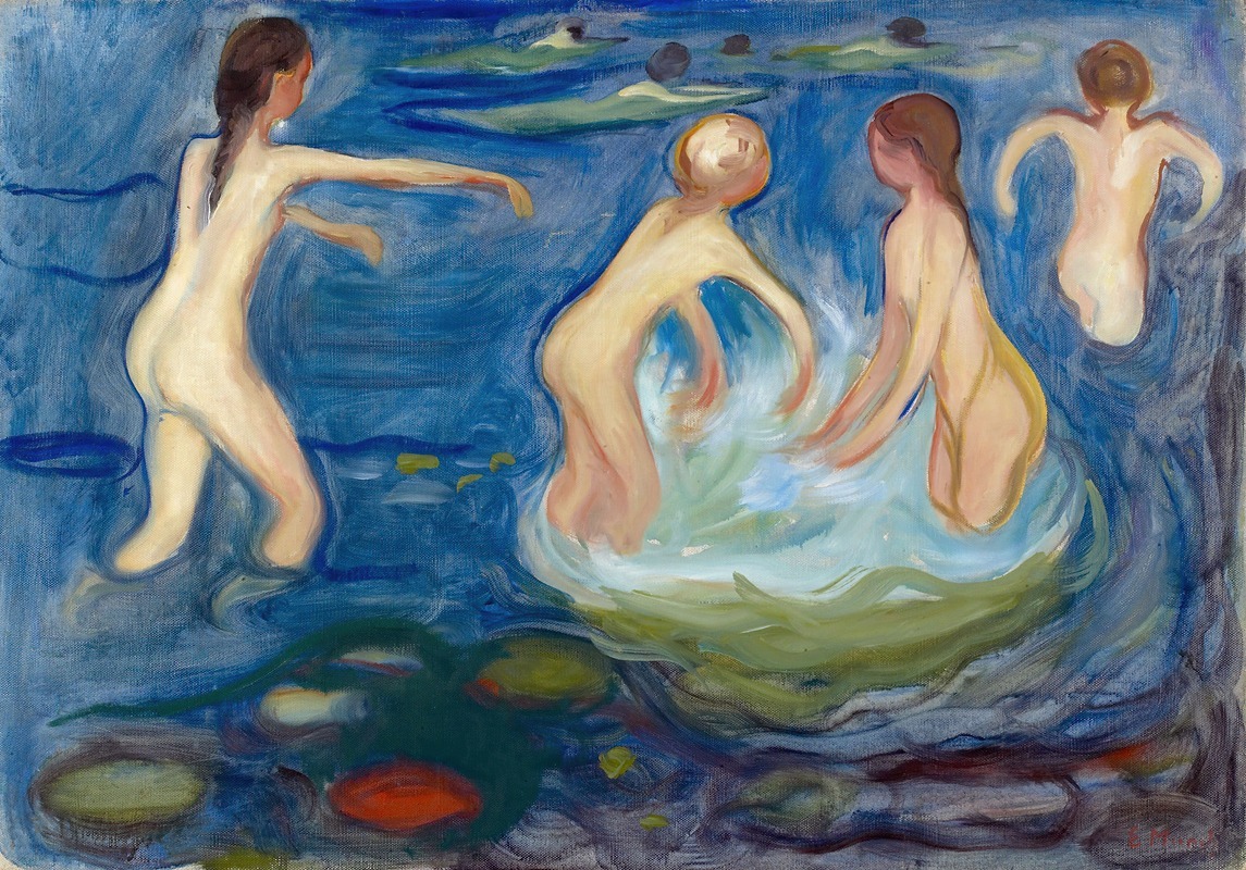 Edvard Munch's *Bathing Girls* depicts young women enjoying a serene moment by the water.