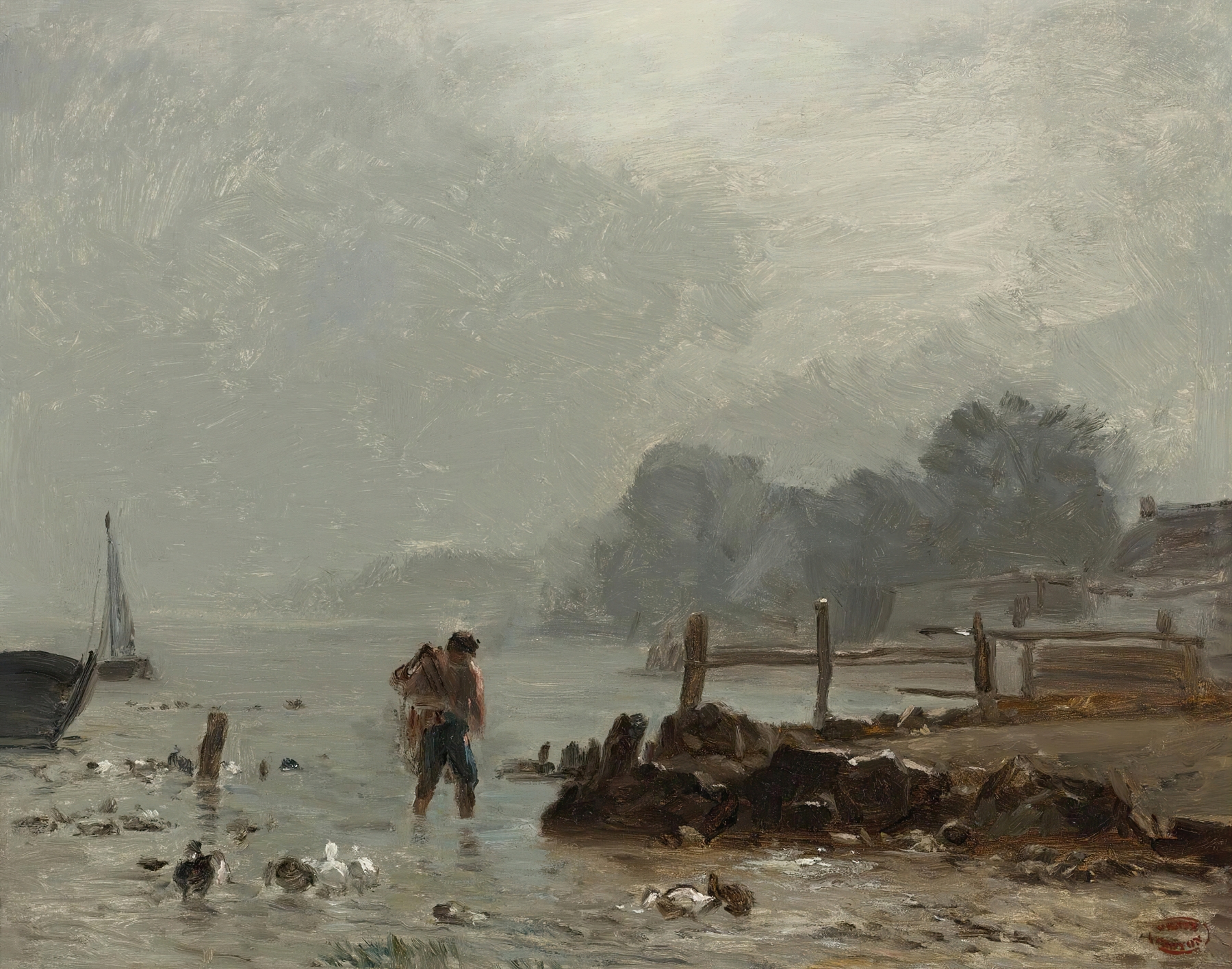 Fisherman at the water's edge, oil on canvas by Constant Troyon