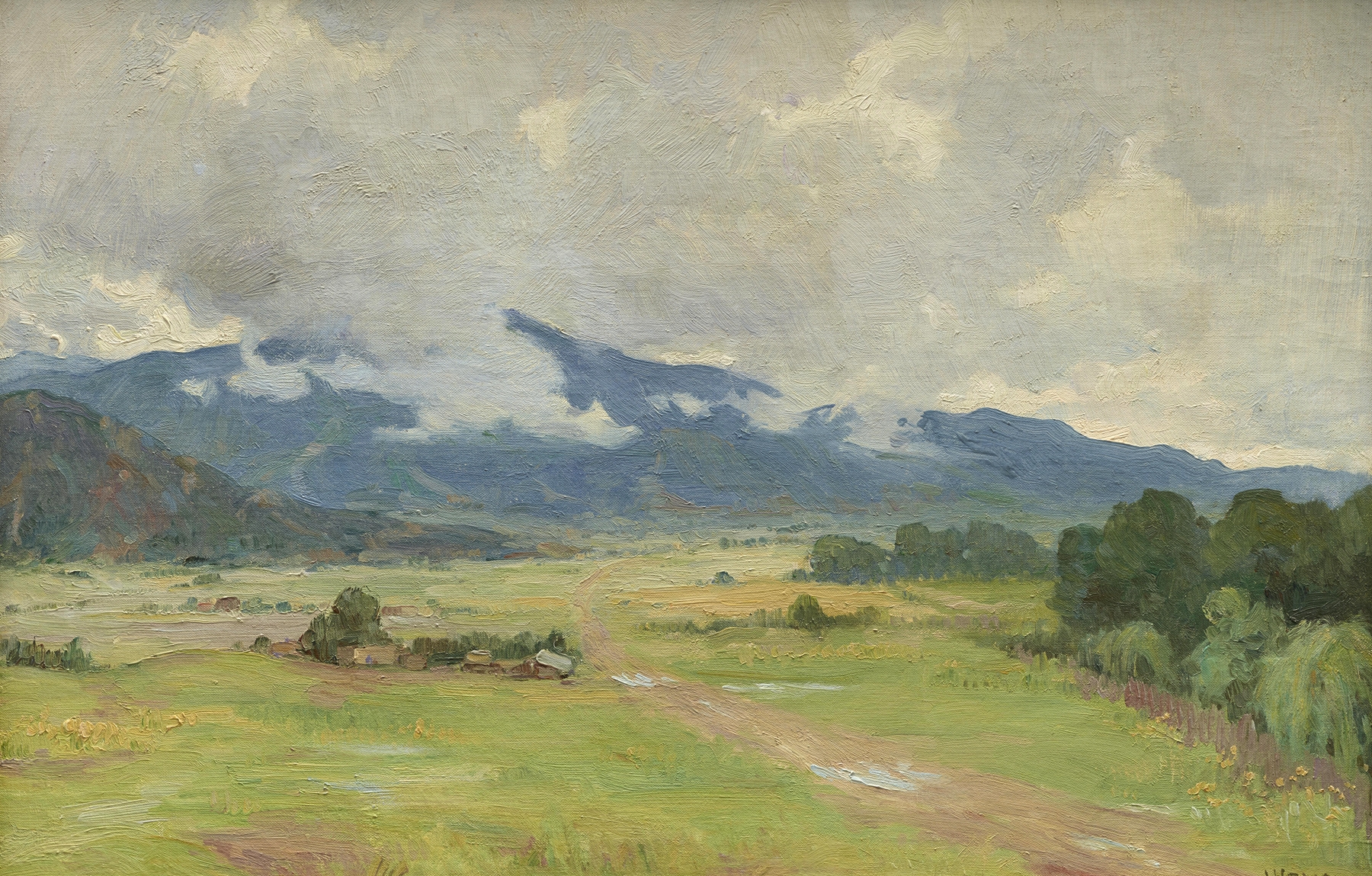 Oil painting by Joseph Henry Sharp depicting mountains and morning light after a storm