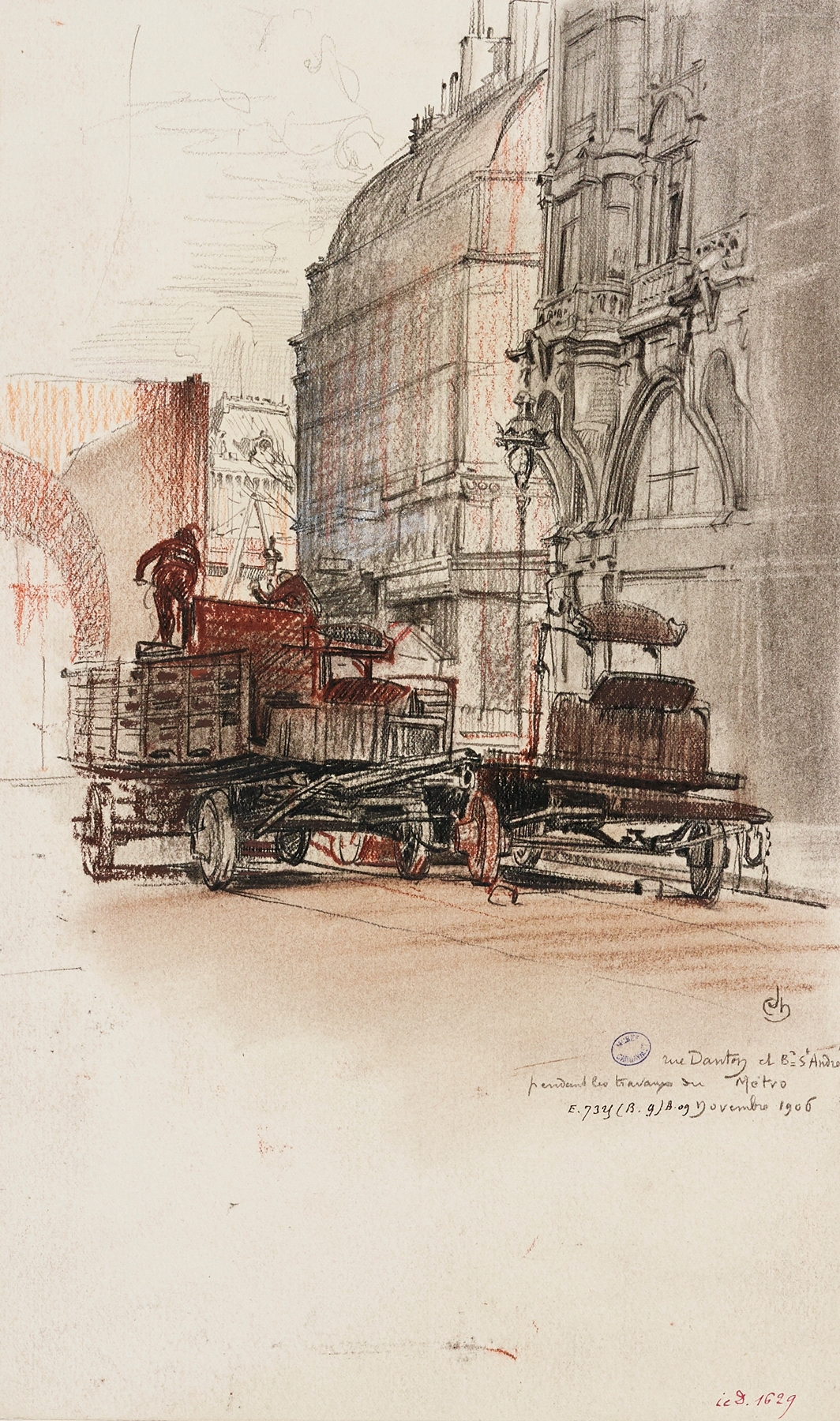 Genre scene of a construction site in watercolor by Charles Jouas