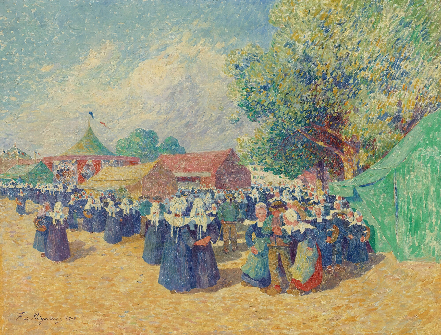 Genre scene oil painting by Ferdinand du Puigaudeau depicting a fair in Brittany