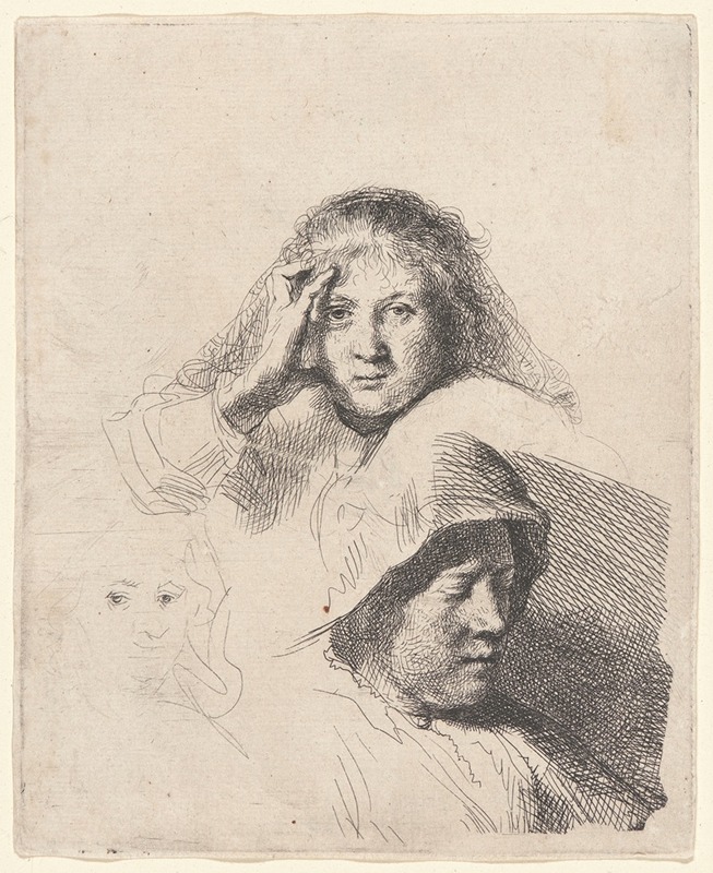 This painting features three heads of women, showcasing Rembrandt's skill in portraiture.