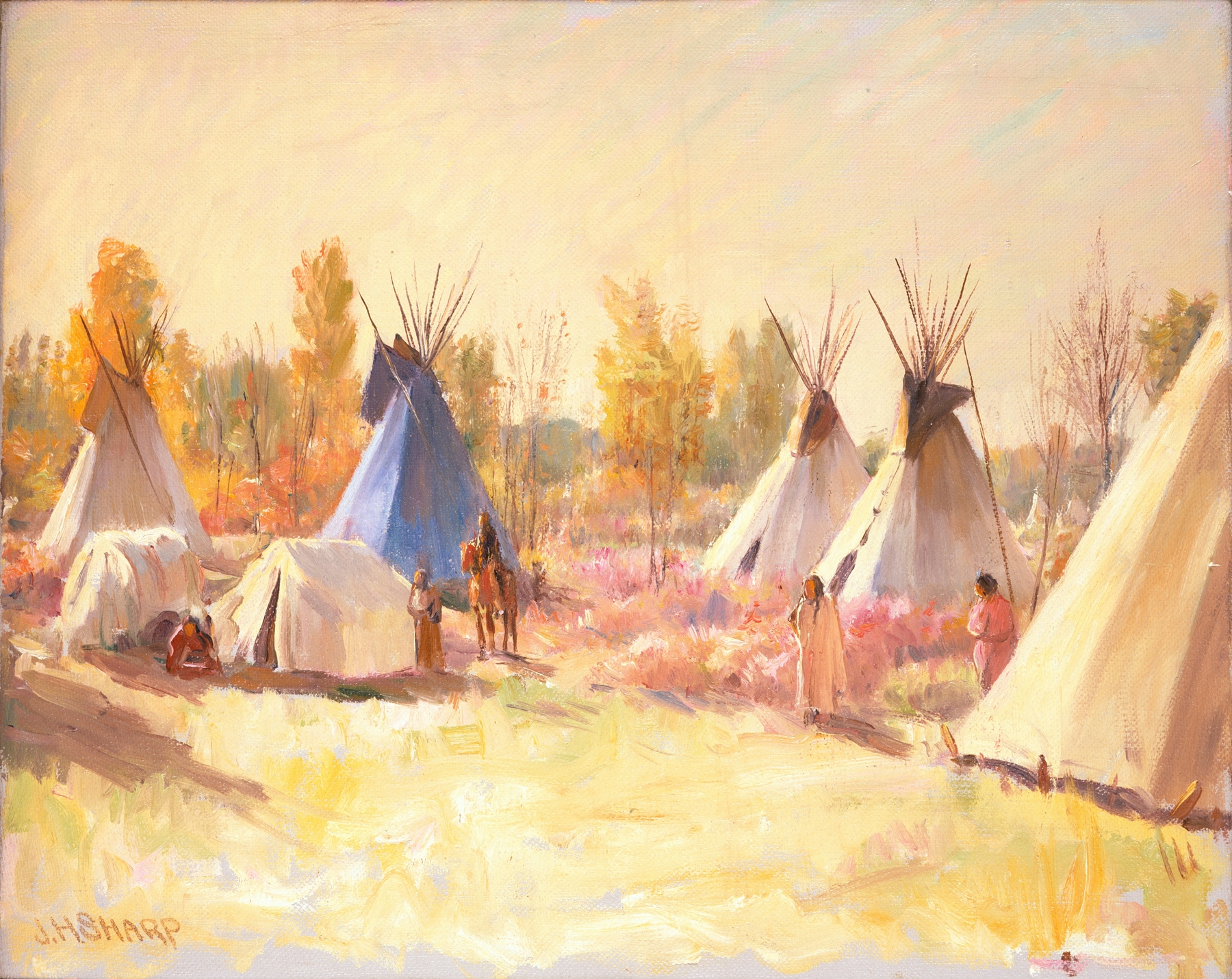 The Blue Tepee, oil on canvas by Joseph Henry Sharp, features a vivid blue tepee in a warm landscape.