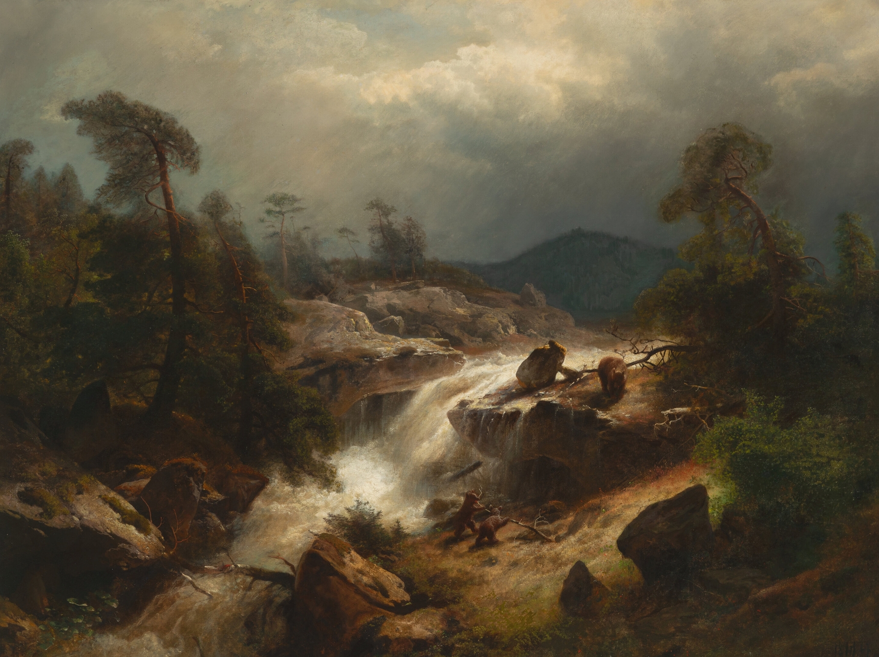 Two cubs and their mother by a waterfall, oil on canvas by Hermann Herzog