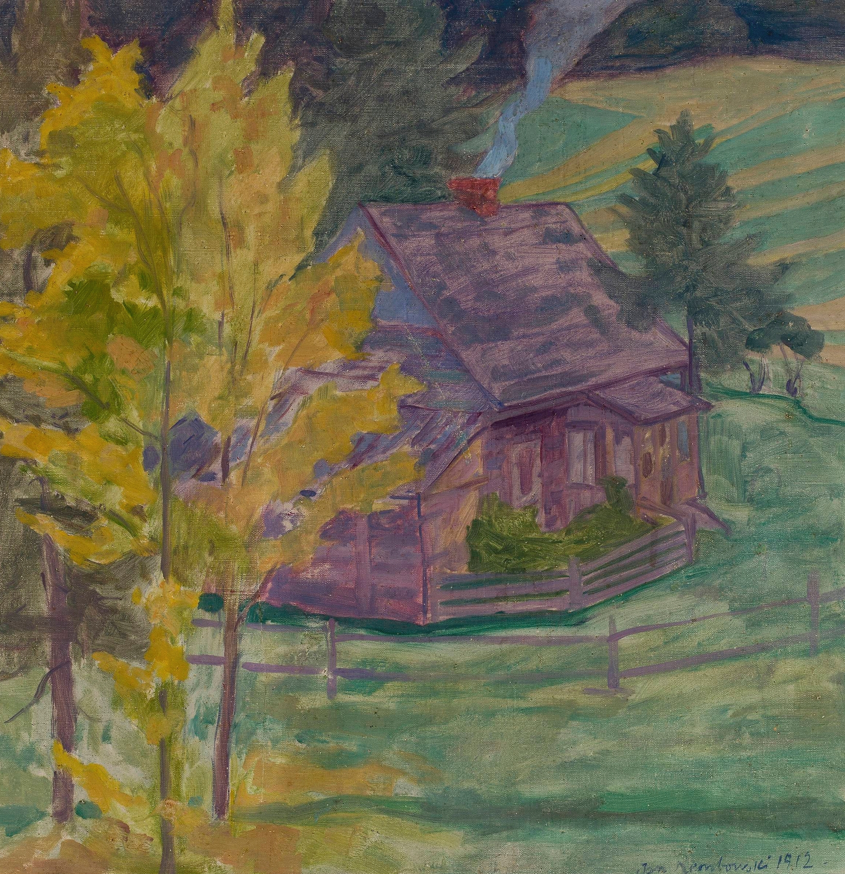 Landscape with a house among trees by Jan Rembowski, oil painting depicting a serene nature scene.