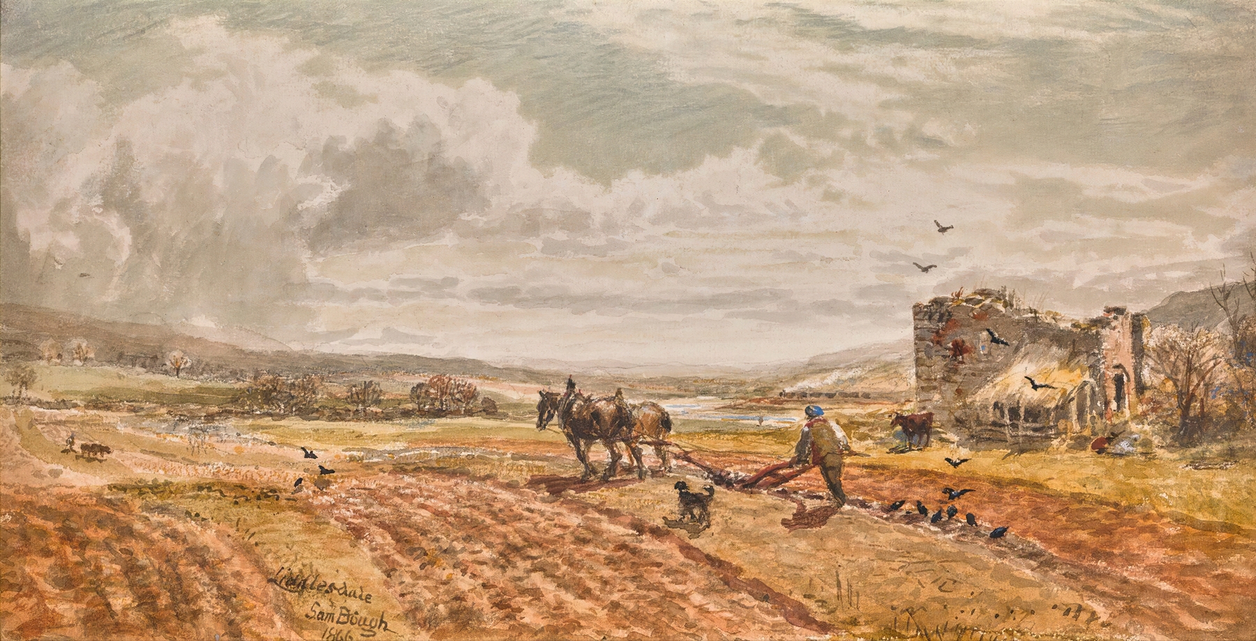 Liddlesdale by Samuel Bough, oil painting depicting a tranquil river and hills.