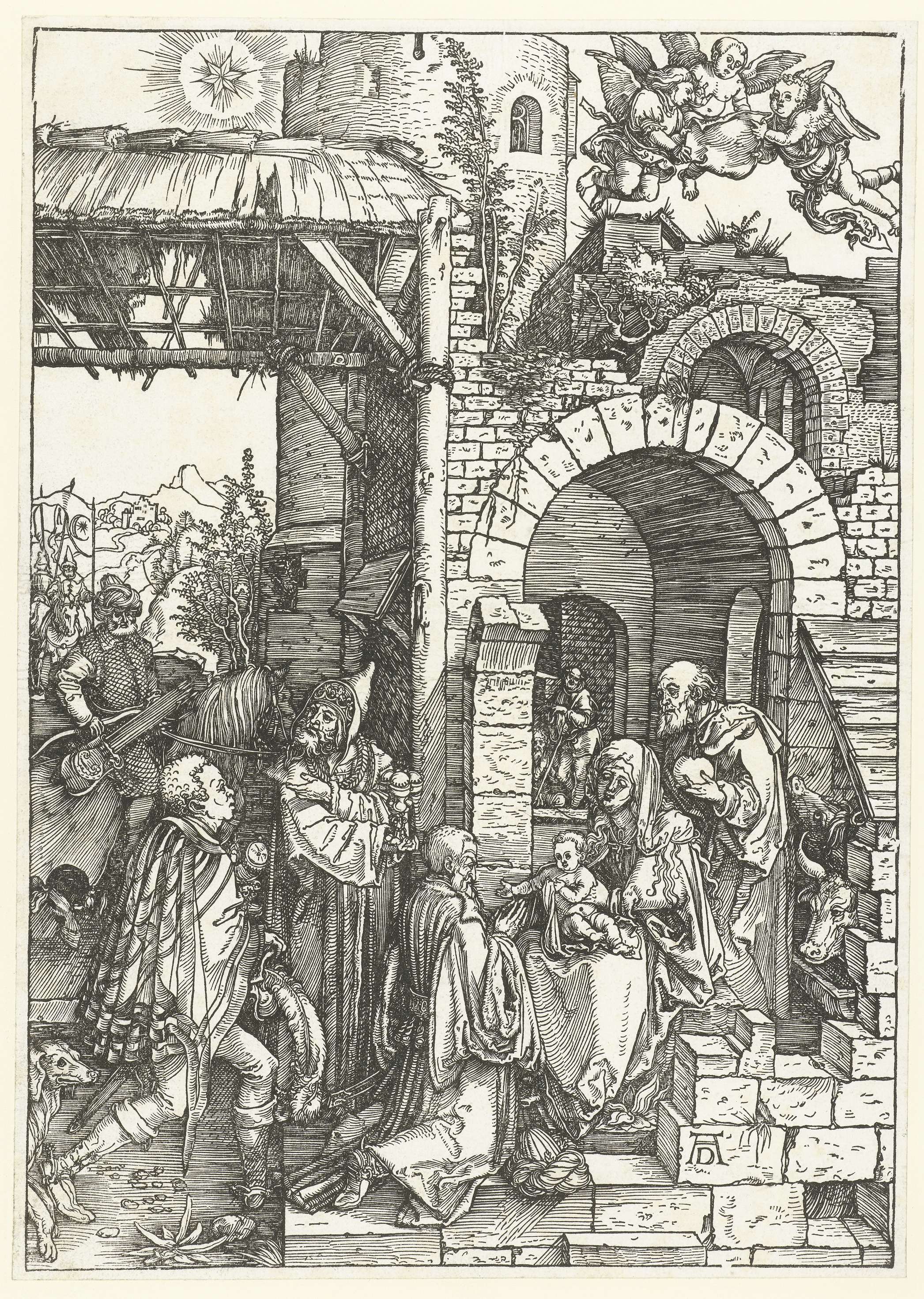 Magi presenting gifts to the newborn Christ, woodcut by Albrecht Dürer