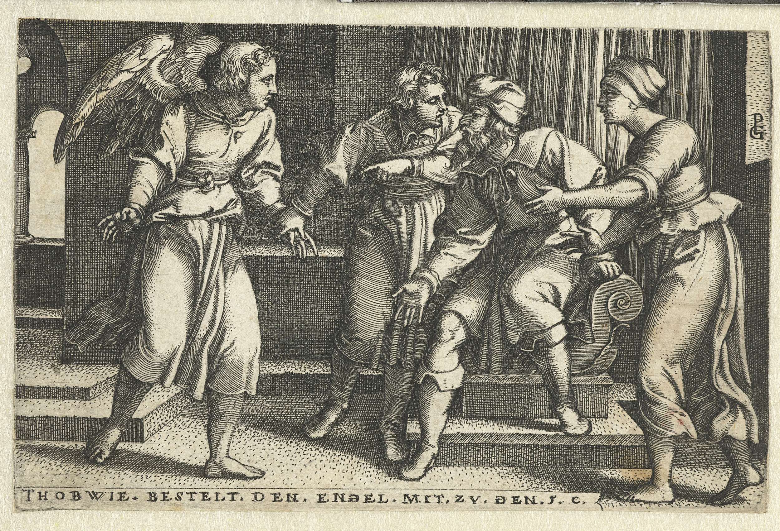 Engraving by Georg Pencz depicting Tobias presenting the angel Raphael to Tobit.