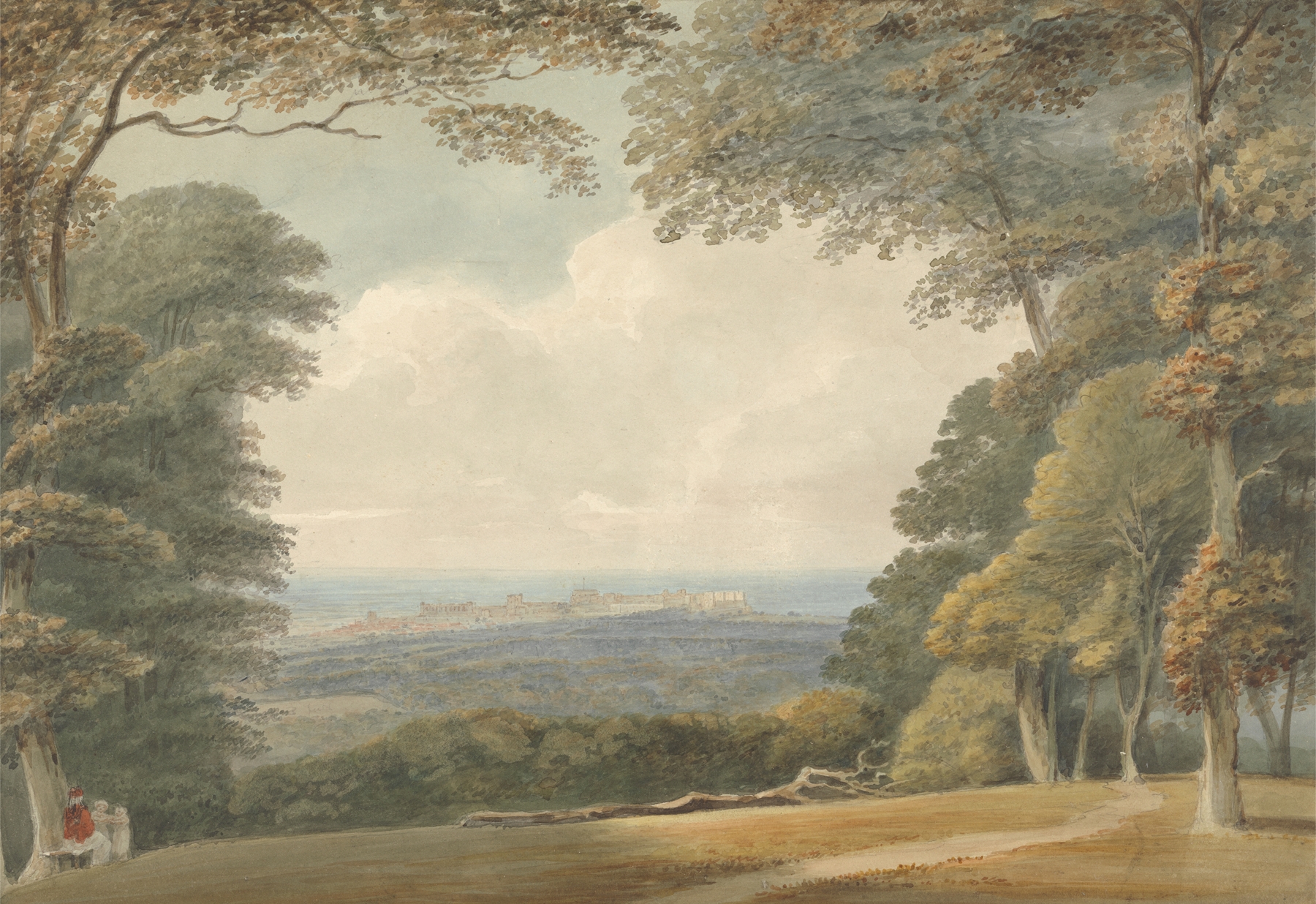 Distant View of Windsor Castle by Samuel Davis, oil painting depicting a serene landscape with water and sky.