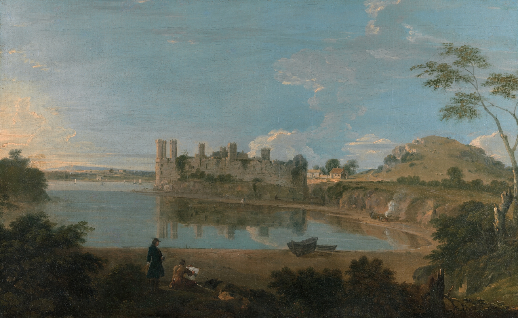 Caernarfon Castle by Richard Wilson, oil on canvas, features imposing towers and a historical landscape.
