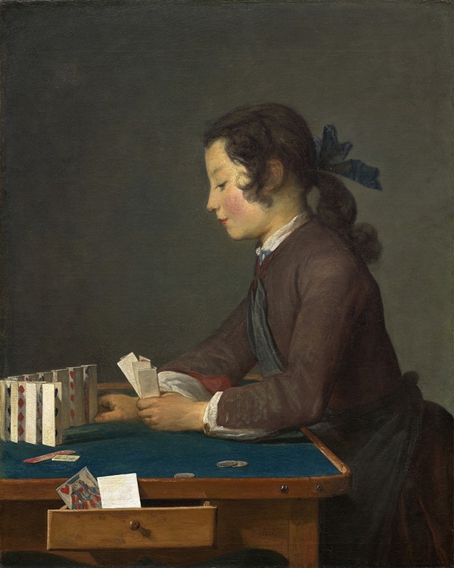 A still life painting featuring a precarious stack of cards.