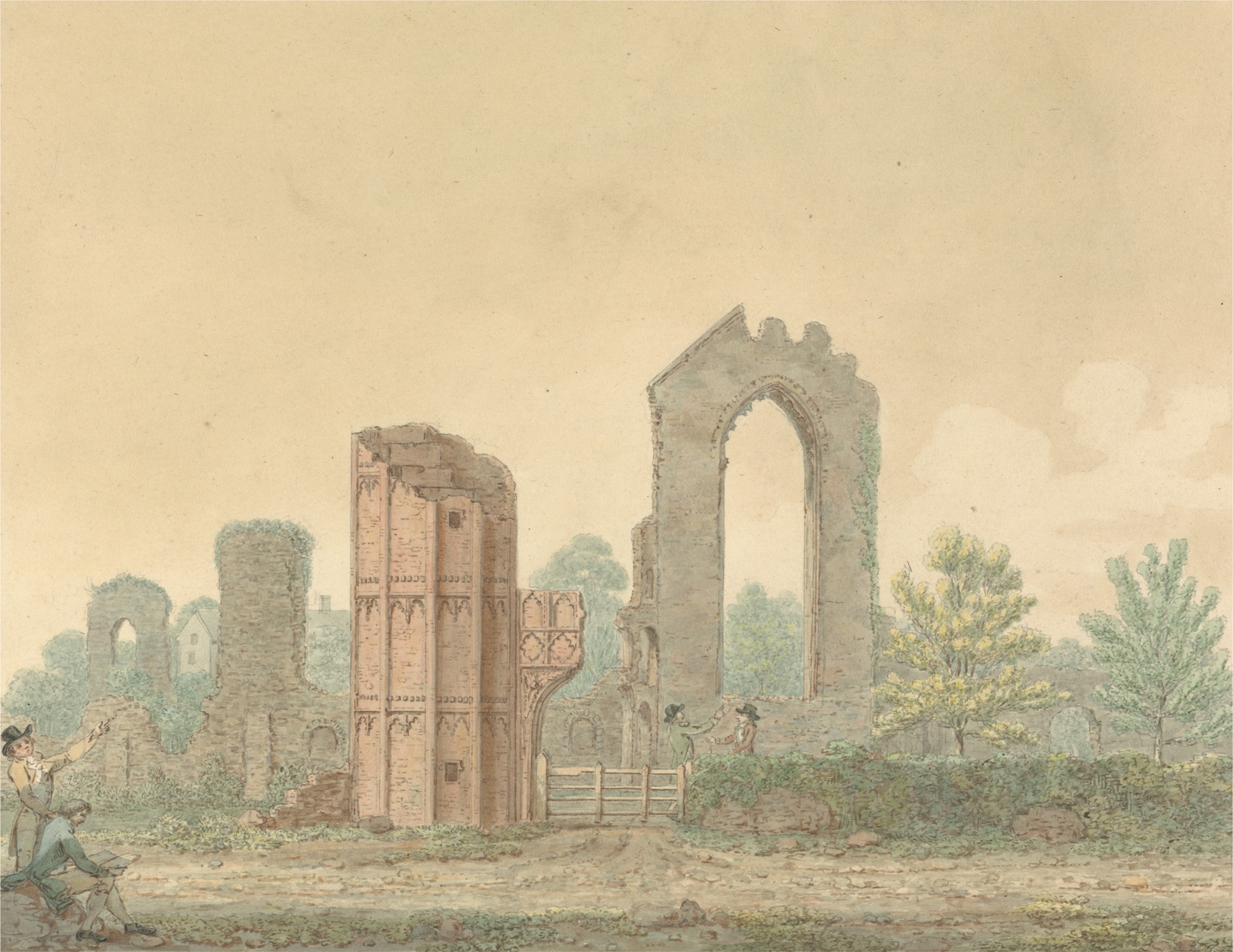 Leiston Abbey, oil on canvas by Isaac Johnson, featuring ruins surrounded by lush greenery.