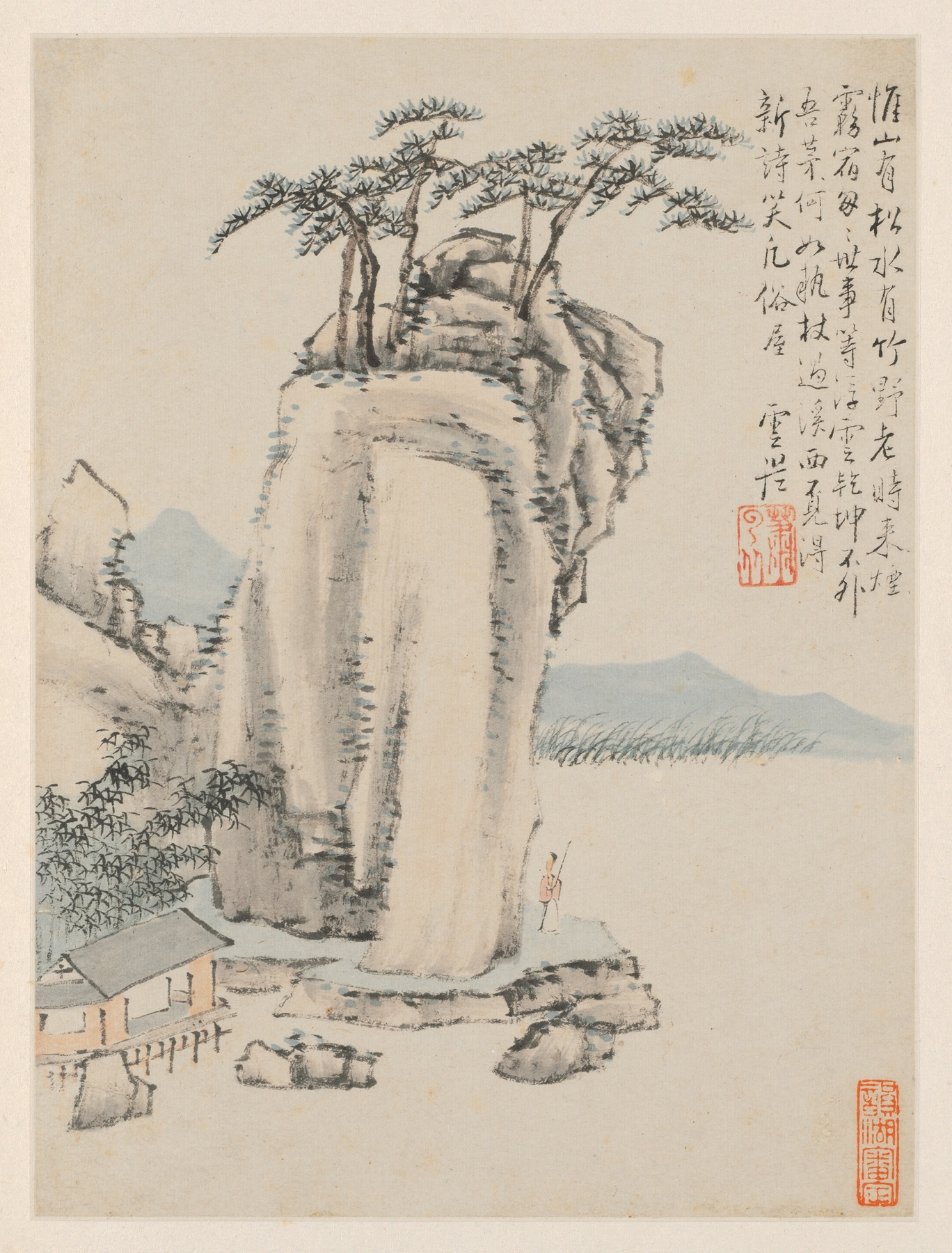 Album of Seasonal Landscapes by Xiao Yuncong, ink on paper, depicting tranquil autumn landscape.