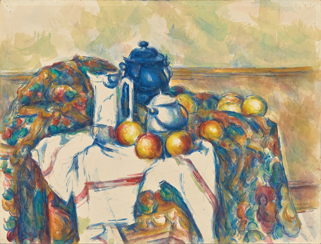 Still Life with Blue Pot by Paul Cézanne features a vibrant arrangement of fruits and a blue pot.