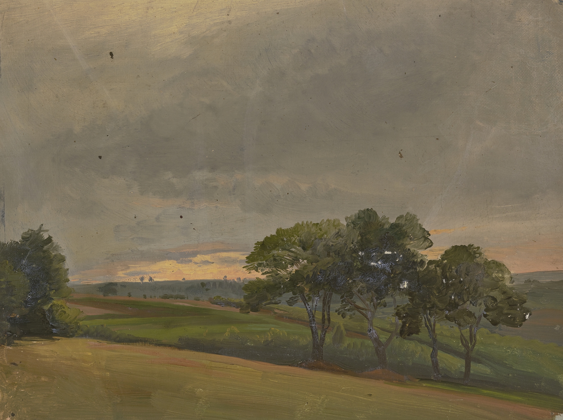 Romantic landscape with trees and evening light by Jakob Becker