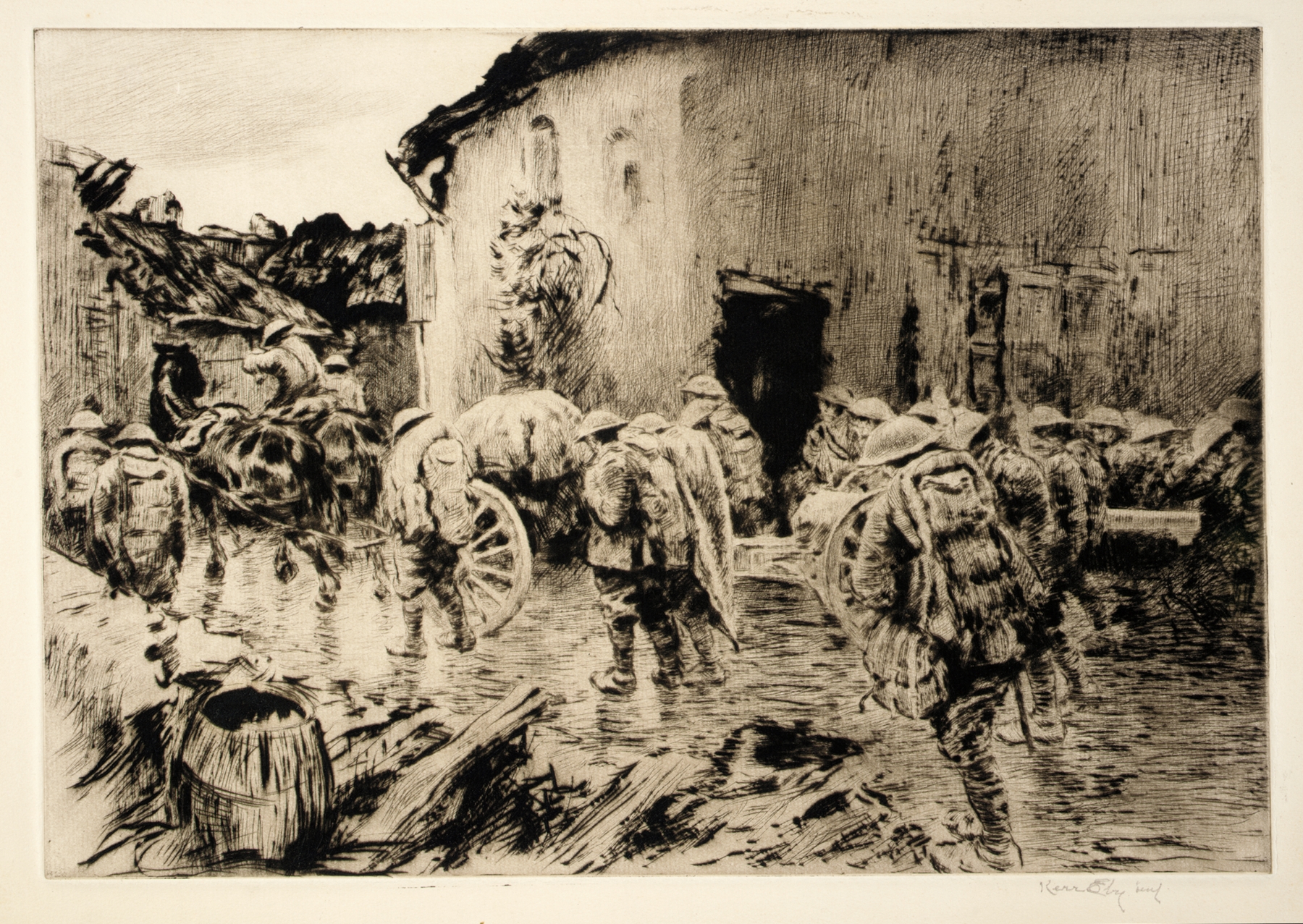 Landscape engraving by Kerr Eby depicting dawn's serene atmosphere
