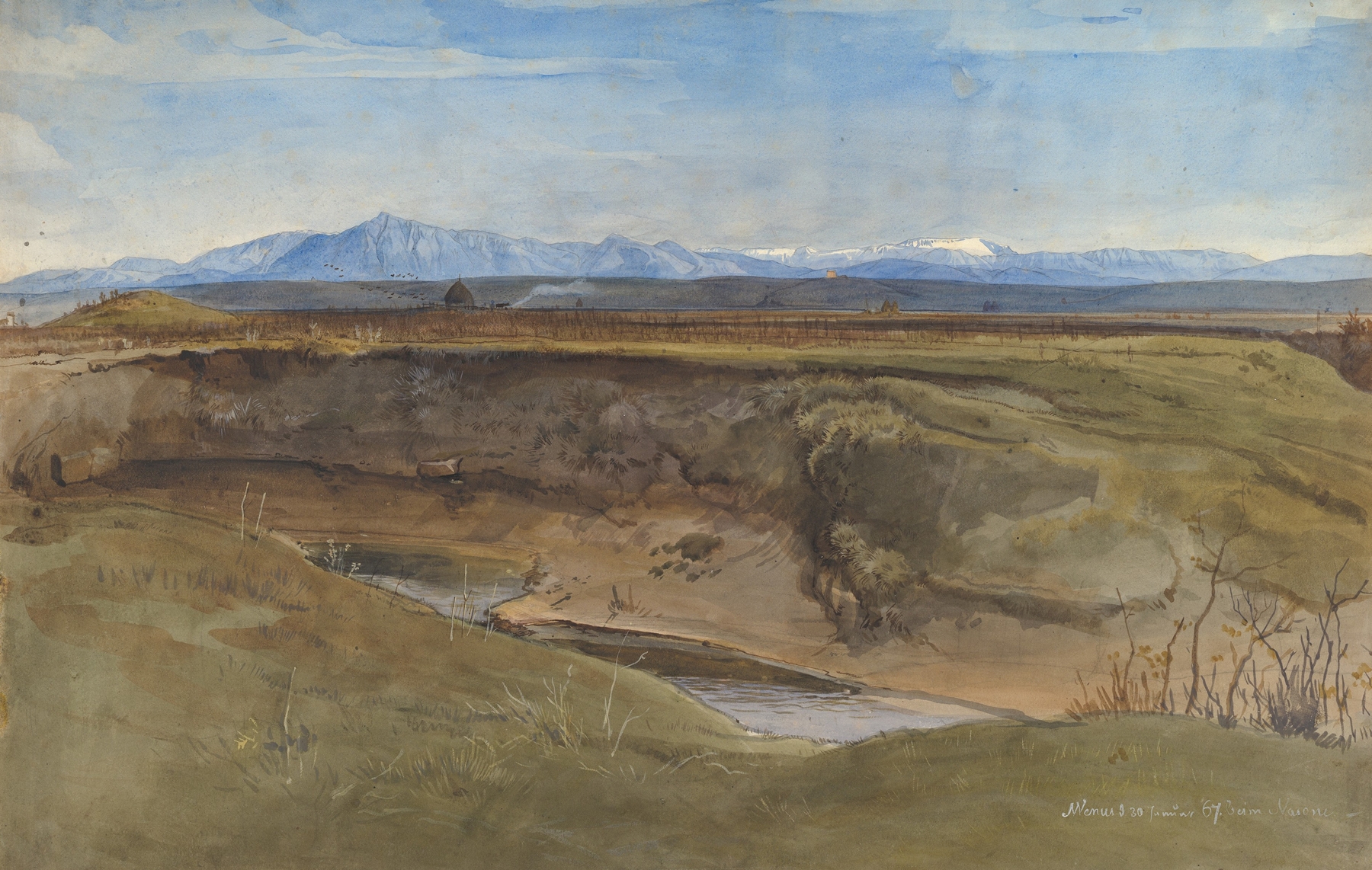 Landscape near Rome by August Leopold Venus, oil painting depicting a serene horizon with greens and blues.