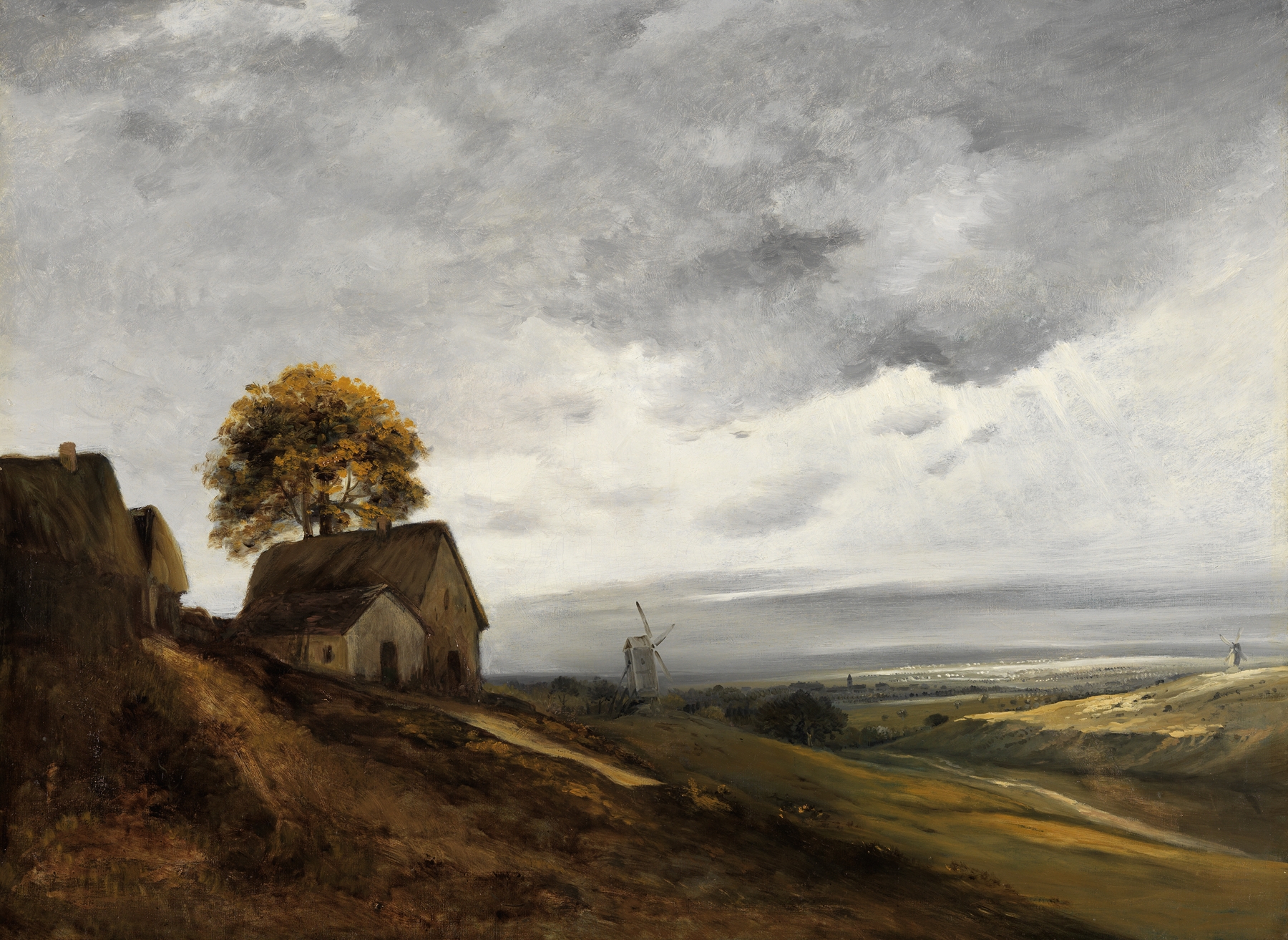 Landschaft bei Paris by Georges Michel, oil on canvas depicting a serene landscape with soft colors.