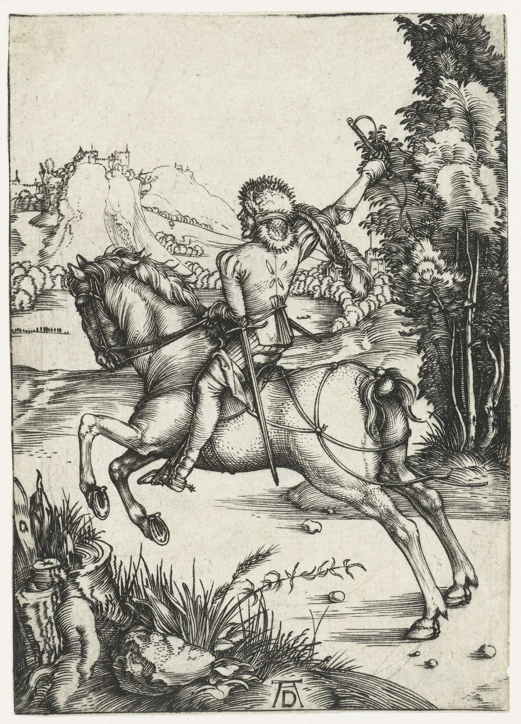 Engraving by Albrecht Dürer depicting a horse and rider in motion.