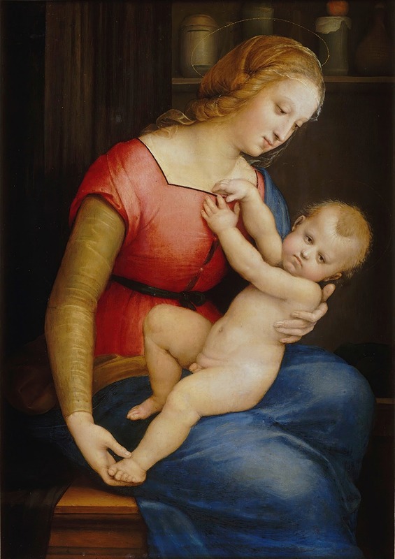 A depiction of the Virgin Mary and child by Raphael.