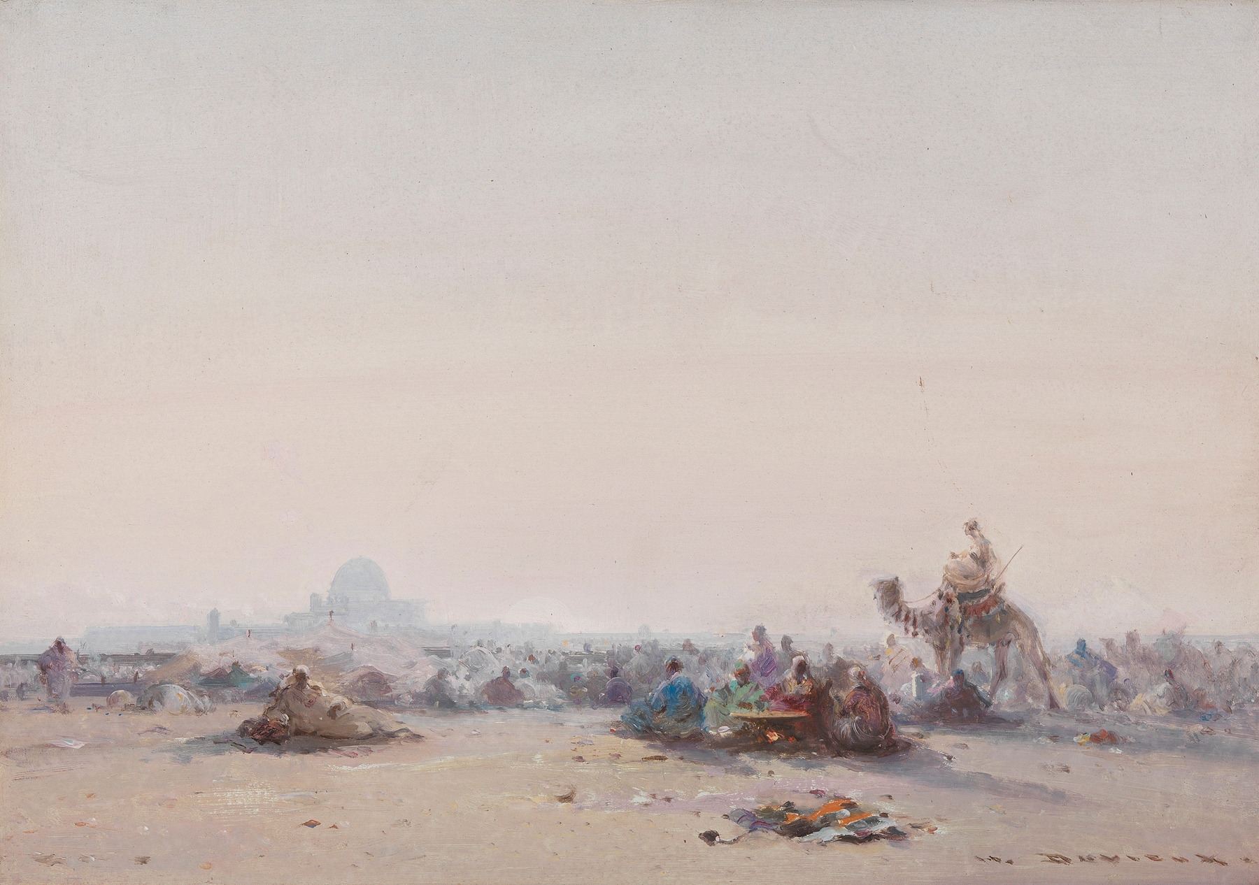 Sunrise in the desert at the gates of a city, oil on canvas by Henri Duvieux