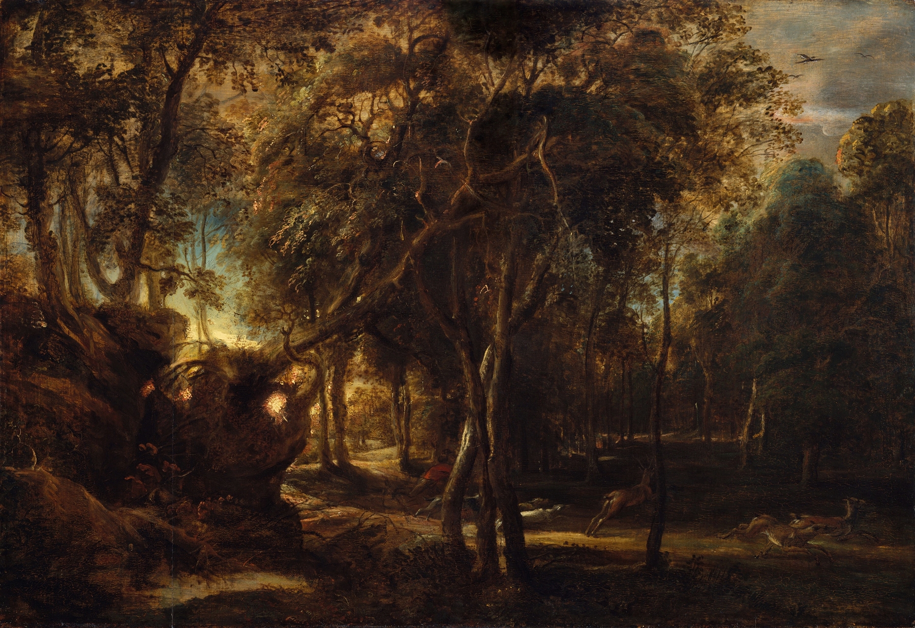 A Forest at Dawn with a Deer Hunt, by Peter Paul Rubens, public domain