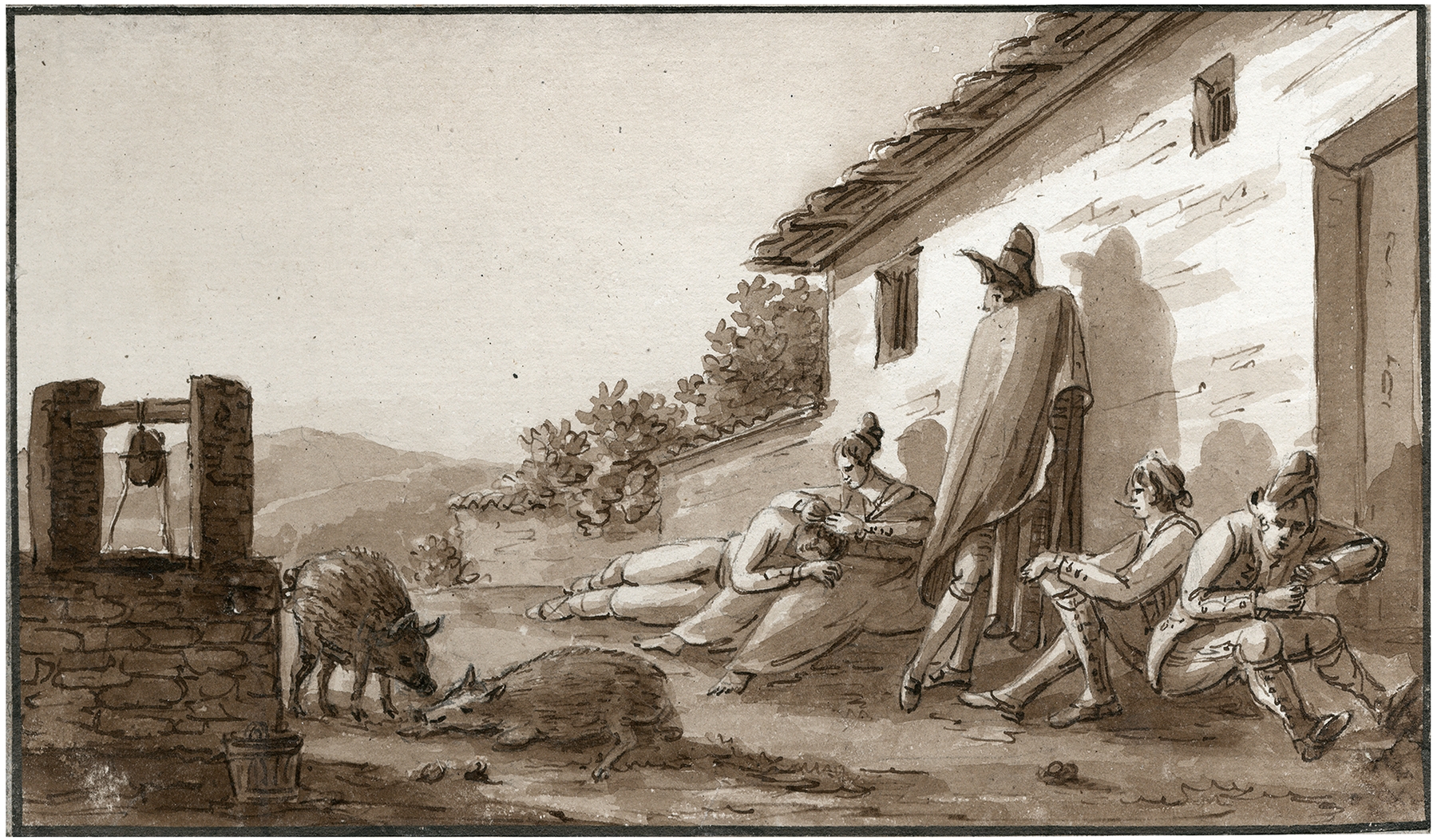 Oil on canvas by Otto Howen depicting farmers in golden fields.