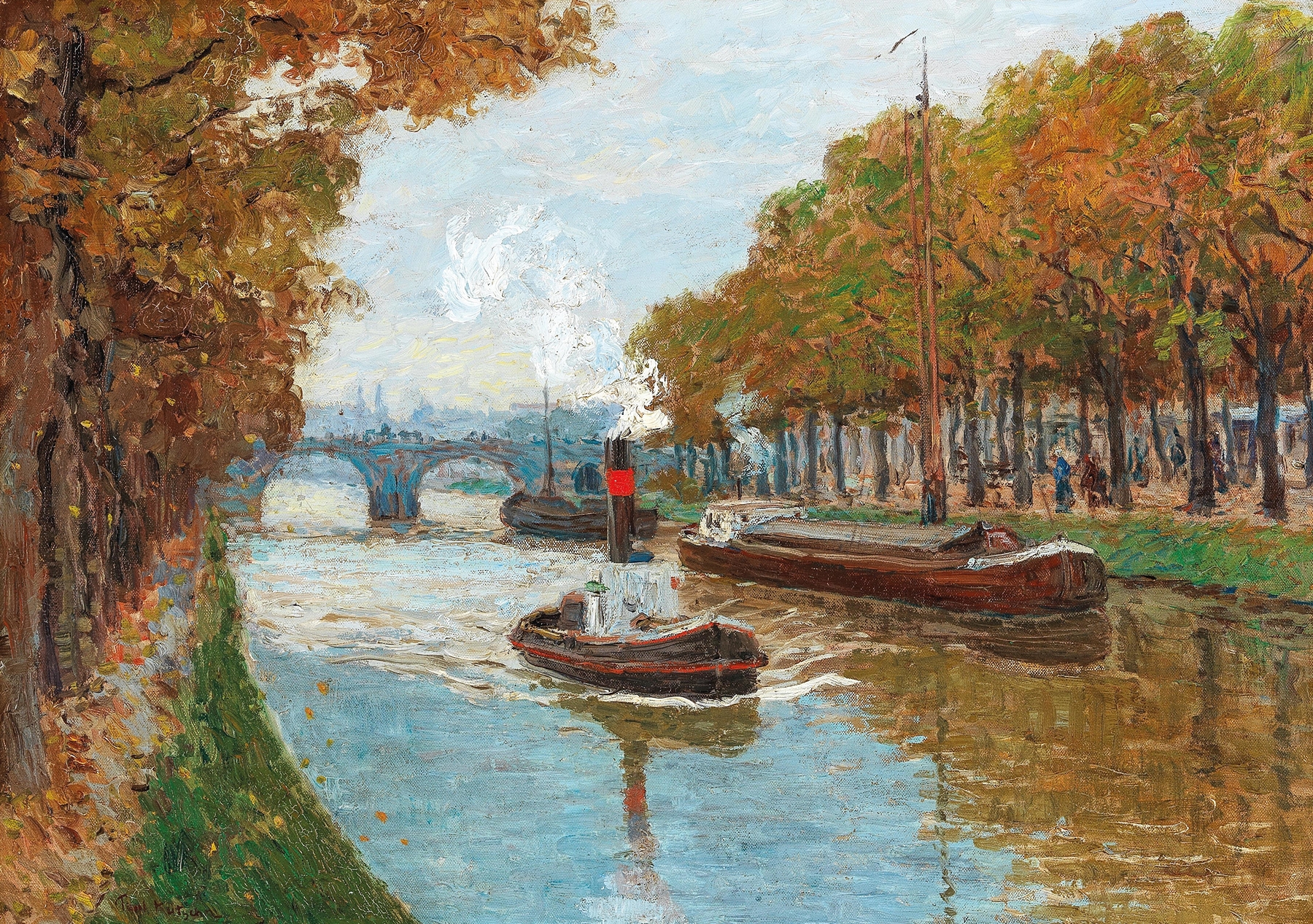 A Canal in Autumn by Paul Kutscha, oil on canvas depicting autumn foliage and a tranquil canal.