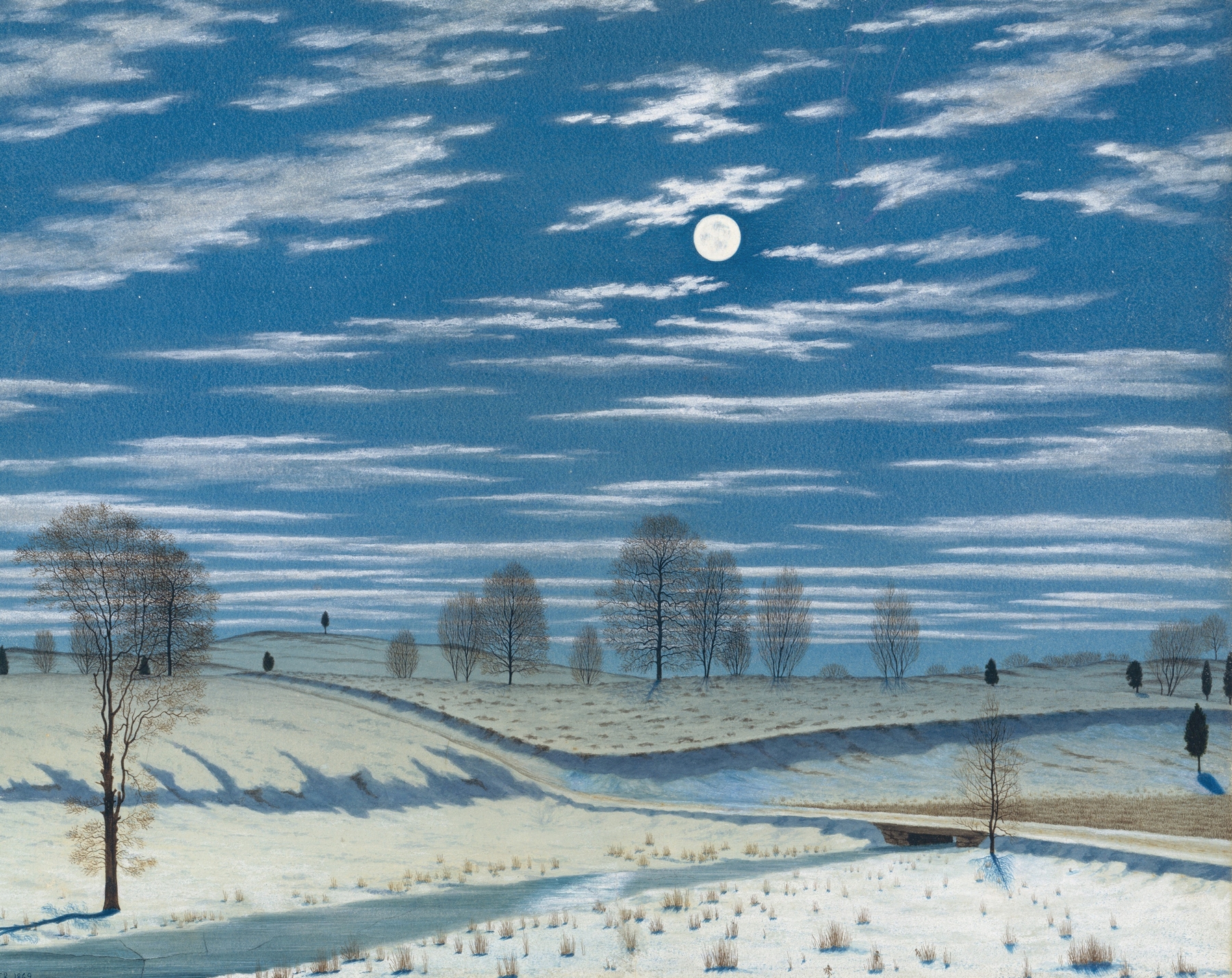 Winter Scene in Moonlight by Henry Farrer, depicting a snowy landscape illuminated by moonlight.