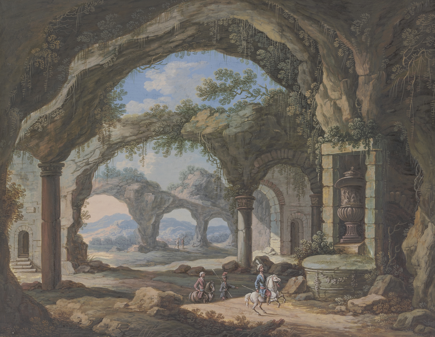 Rococo oil painting by Carl Sebastian von Bemmel depicting a vase in a grotto
