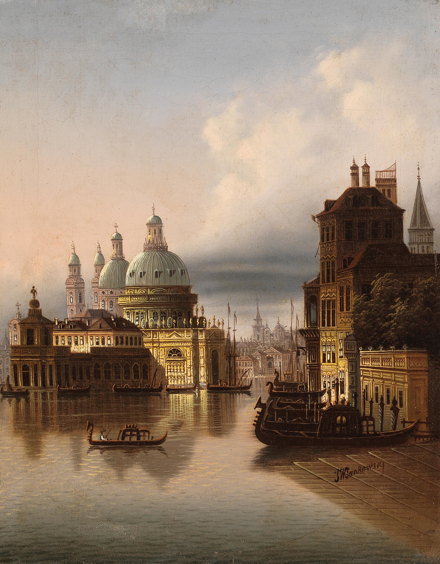 Capriccio, Venice, Scene on a Canal by Johann Wilhelm Jankowsky, oil painting depicting a tranquil canal scene.