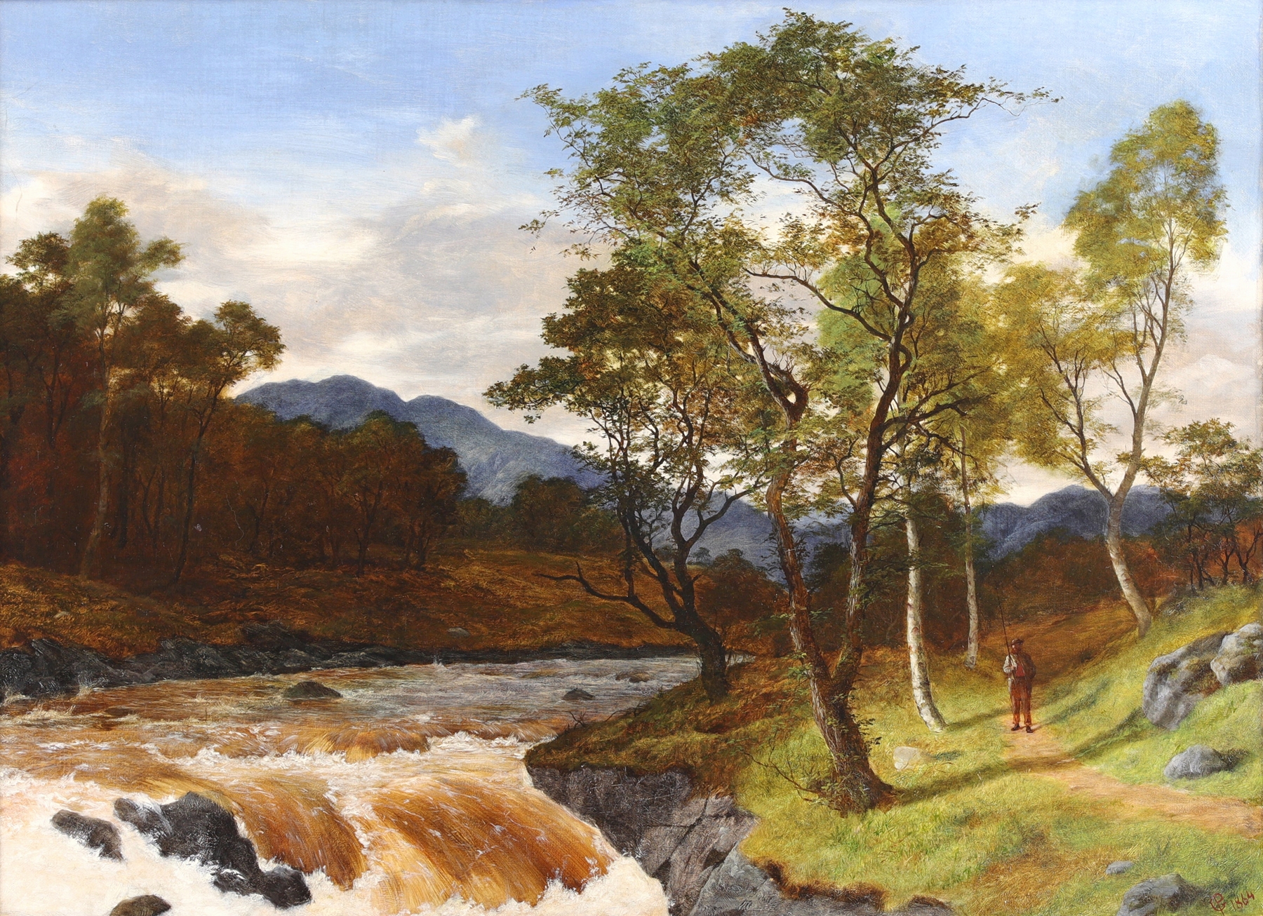 The Path by the Riverside, oil on canvas by Peter Graham, depicting a river with sunlight and lush foliage.