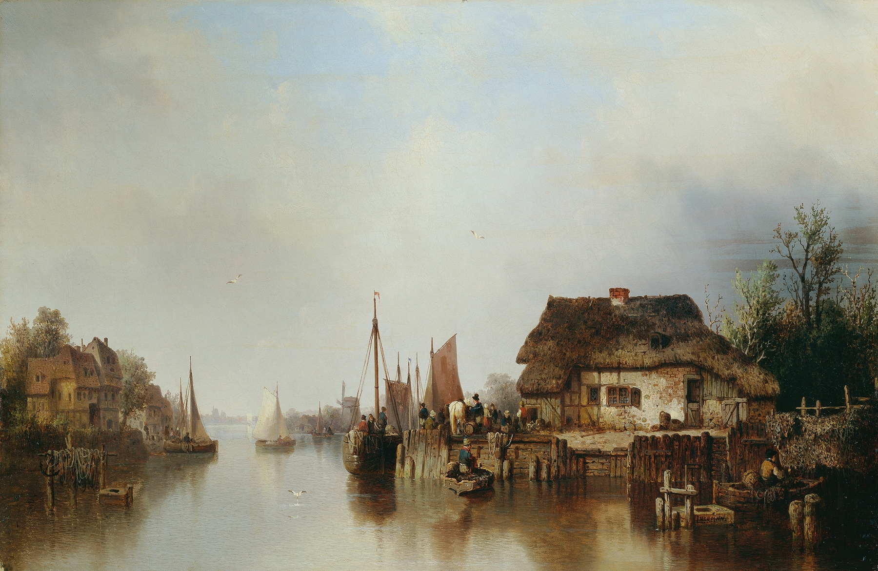 Scheldeufer by Ludwig Hermann, oil painting depicting a tranquil river landscape with reflections and soft light.
