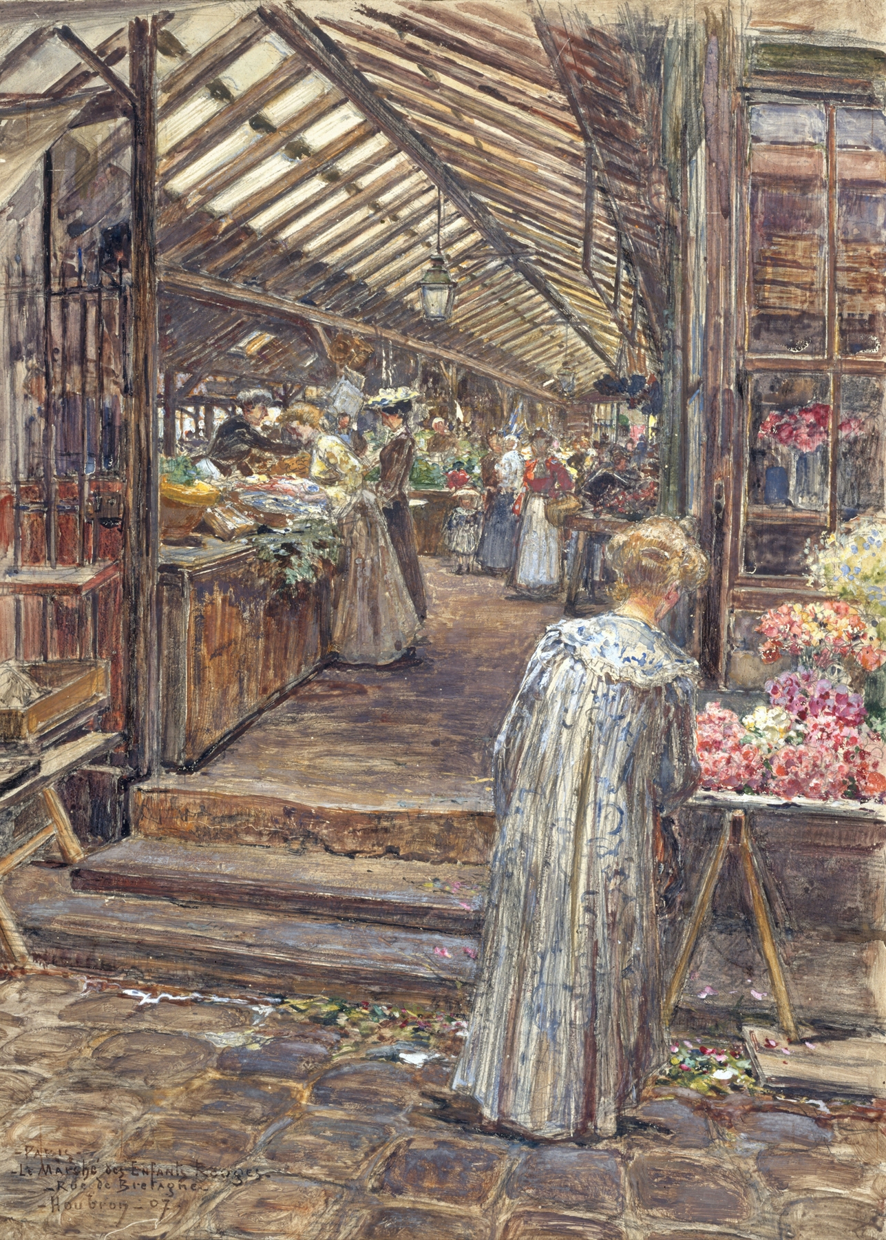 Oil painting by Frédéric Houbron depicting a bustling market scene in Paris
