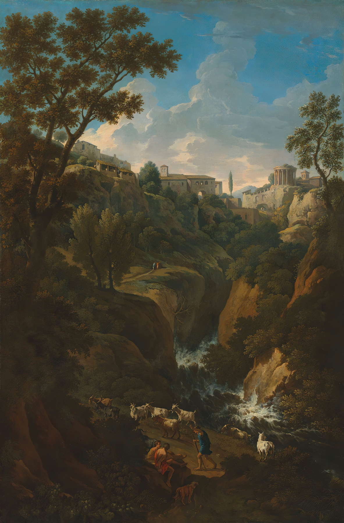 A capriccio of Tivoli with a waterfall and shepherds, by Jan Frans Van Bloemen, public domain