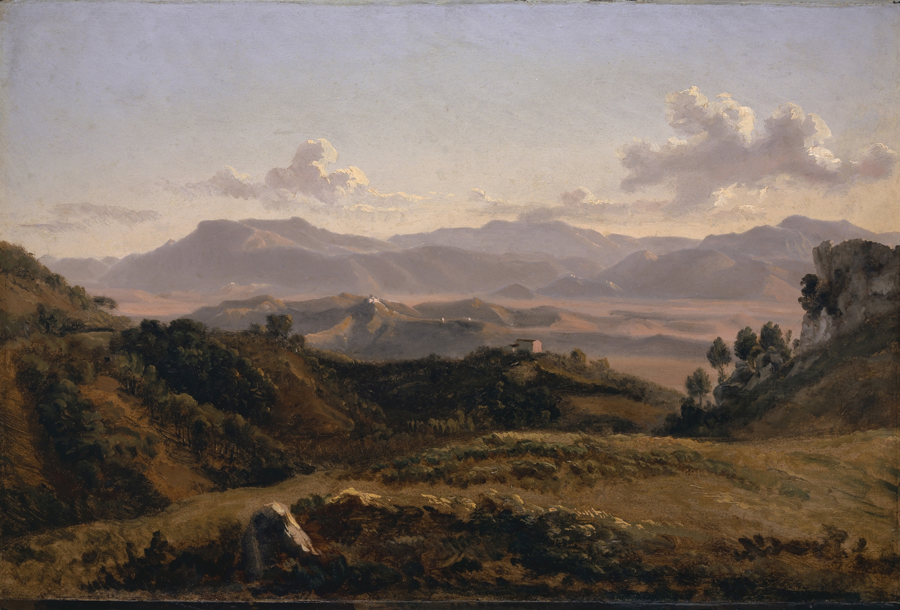 Landscape near Olevano by Friedrich Salathé, oil painting depicting rolling hills and a distant sky.