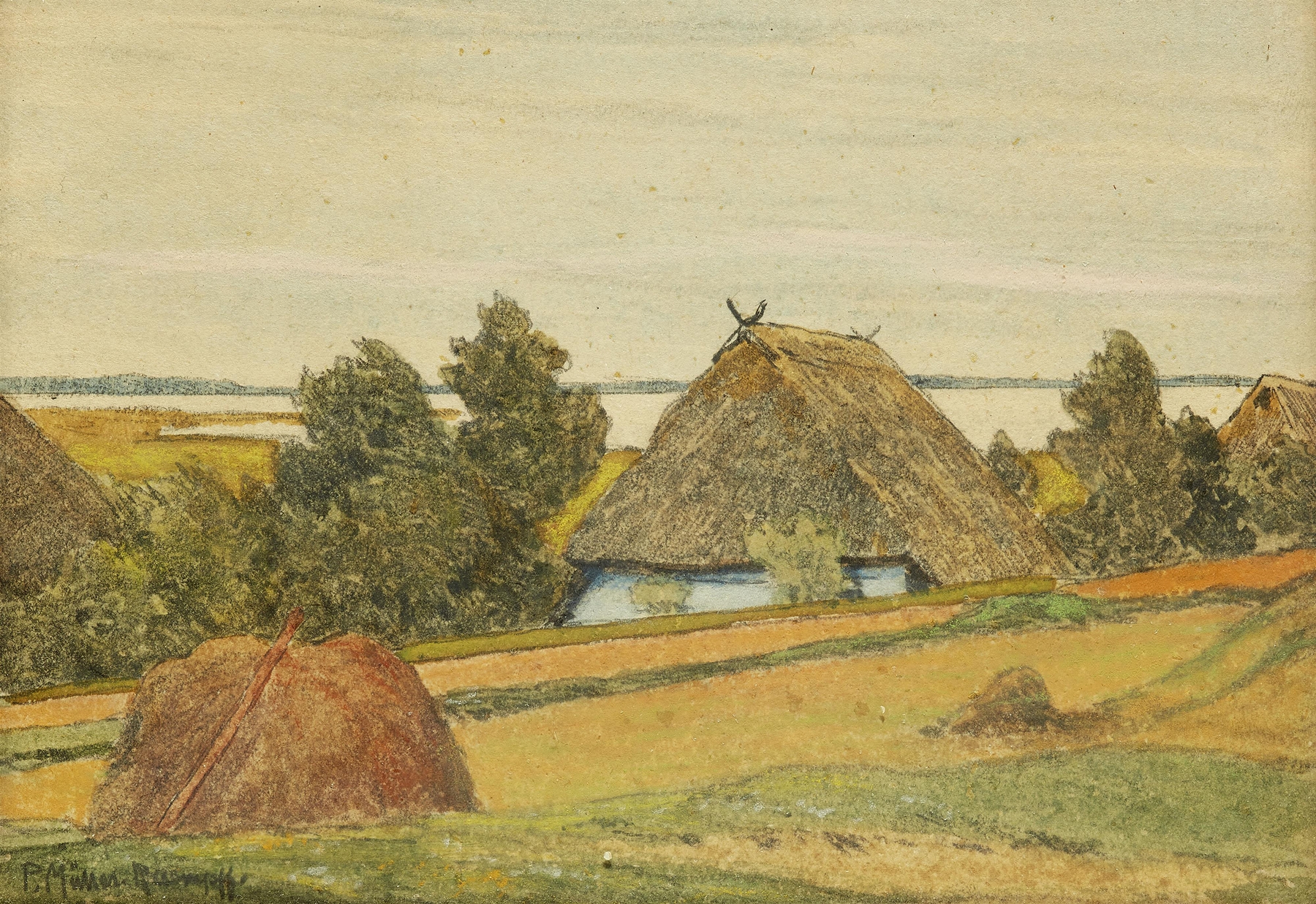 Landscape featuring a house with a view of the Bodden by Paul Müller-Kaempff, oil painting