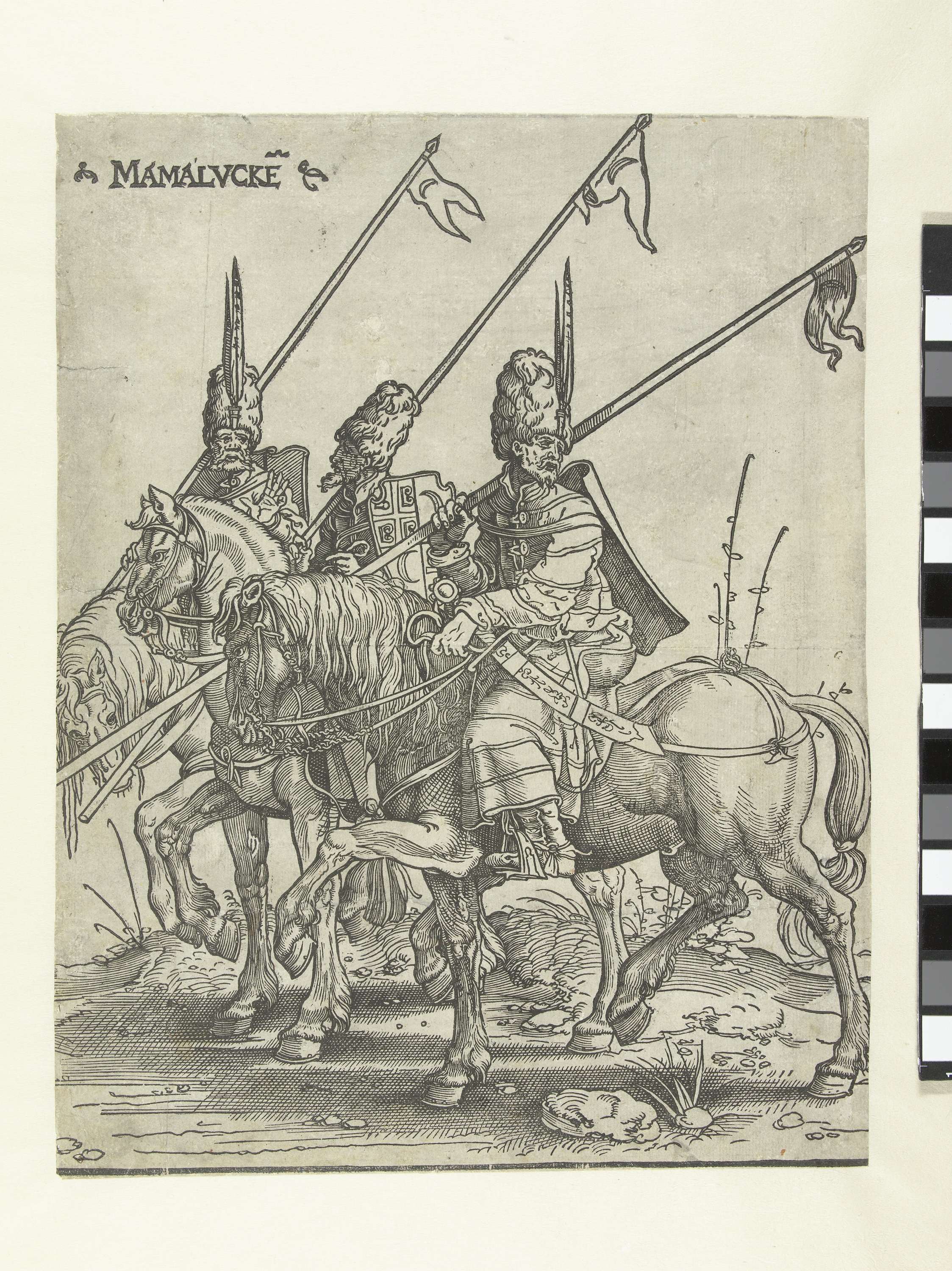 Drie Mamelukken te paard by Jan Swart van Groningen, paper medium, depicting three Mameluke horsemen.