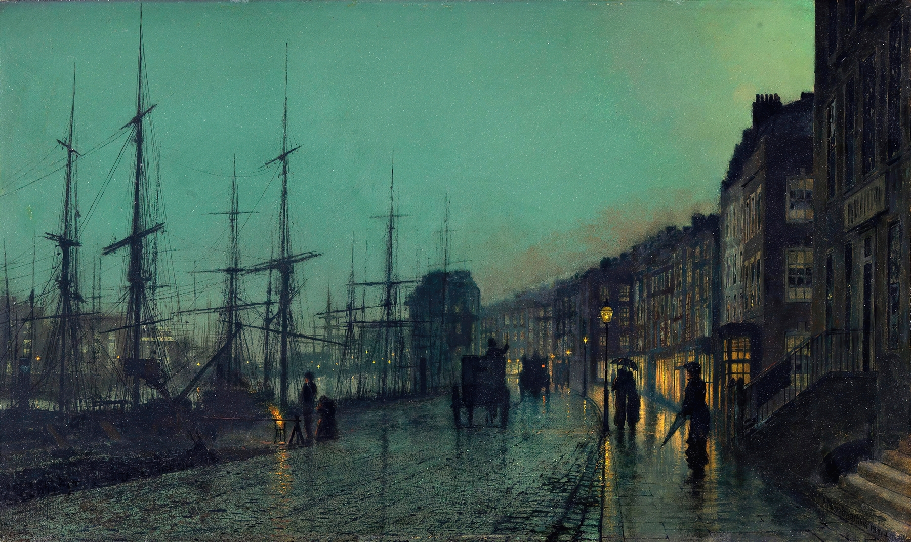Shipping on the Clyde, oil painting by John Atkinson Grimshaw, featuring ships silhouetted against a twilight sky.