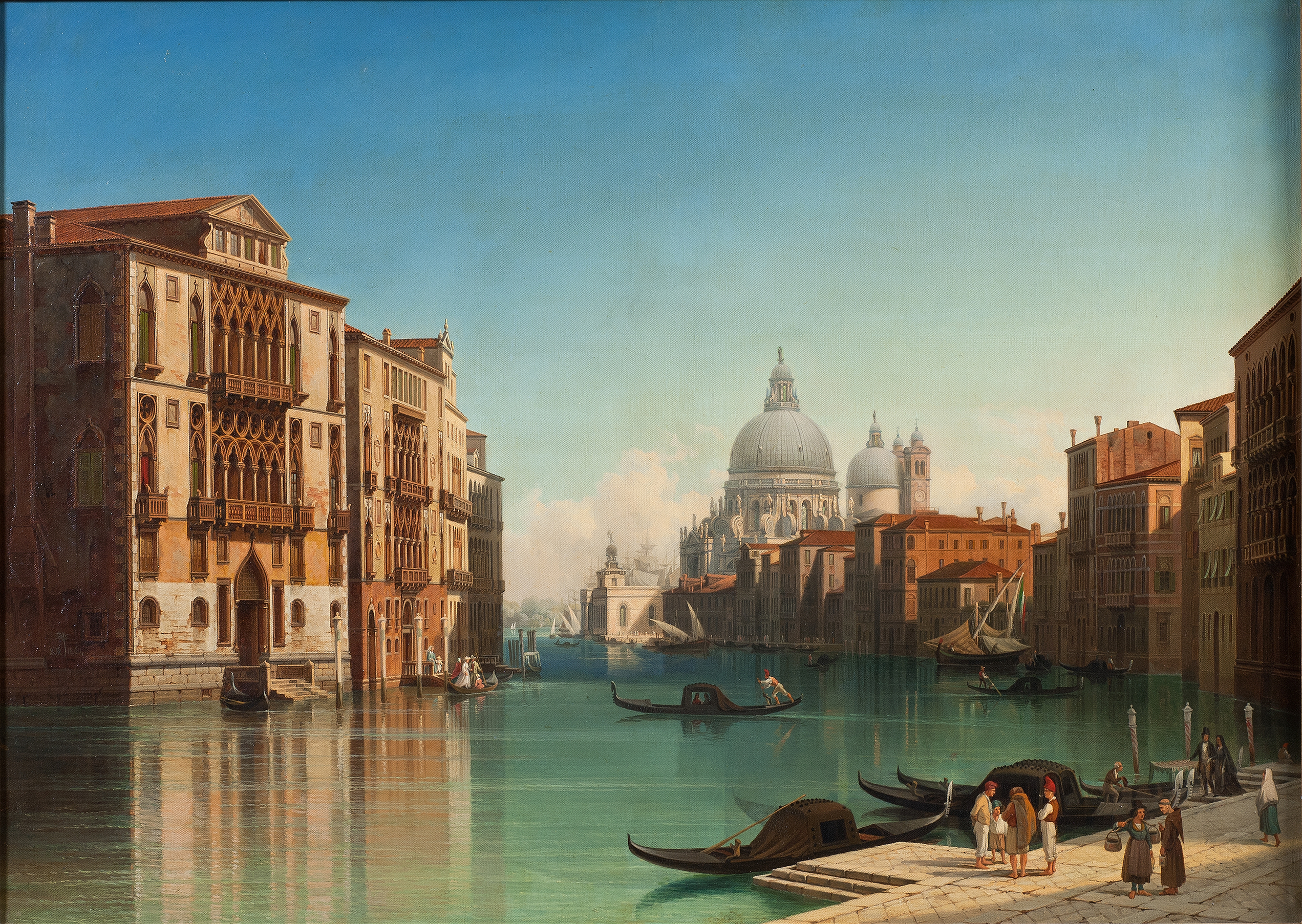 View of Canal Grande in Venice by Gustaf Wilhelm Palm, oil painting depicting buildings and water