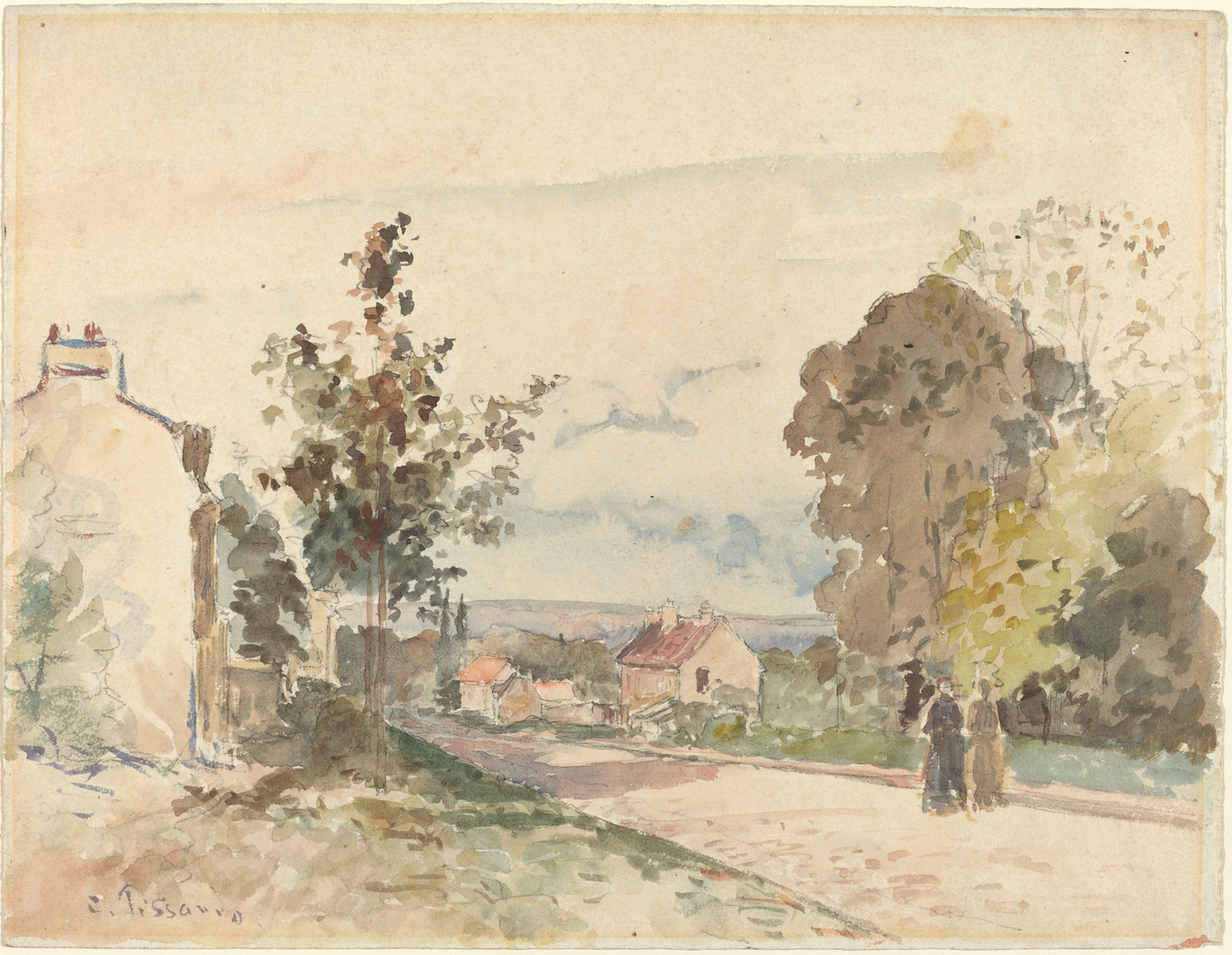 Landscape oil painting by Camille Pissarro depicting a path through trees and light.