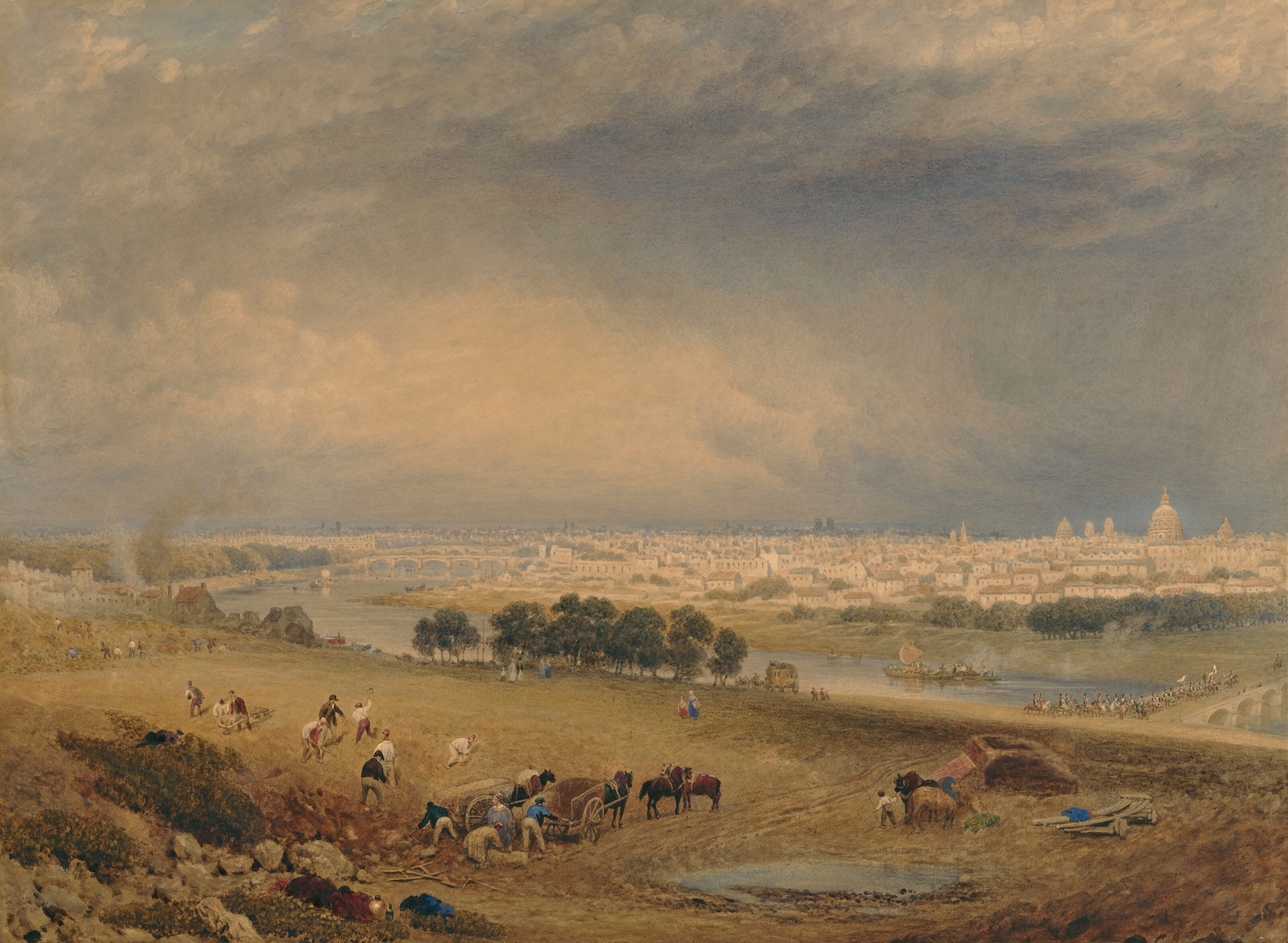 A view of Paris from Passy, oil on canvas by Frederick Nash, depicting twilight over rooftops.