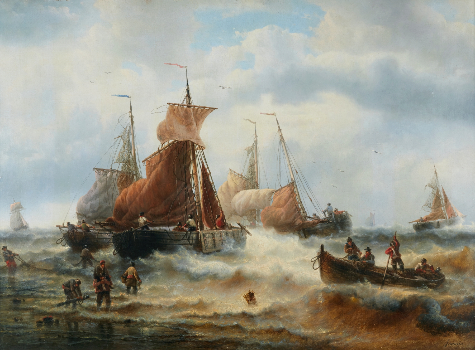 Marine scene with fishermen and boats at sunset, oil painting by François Musin