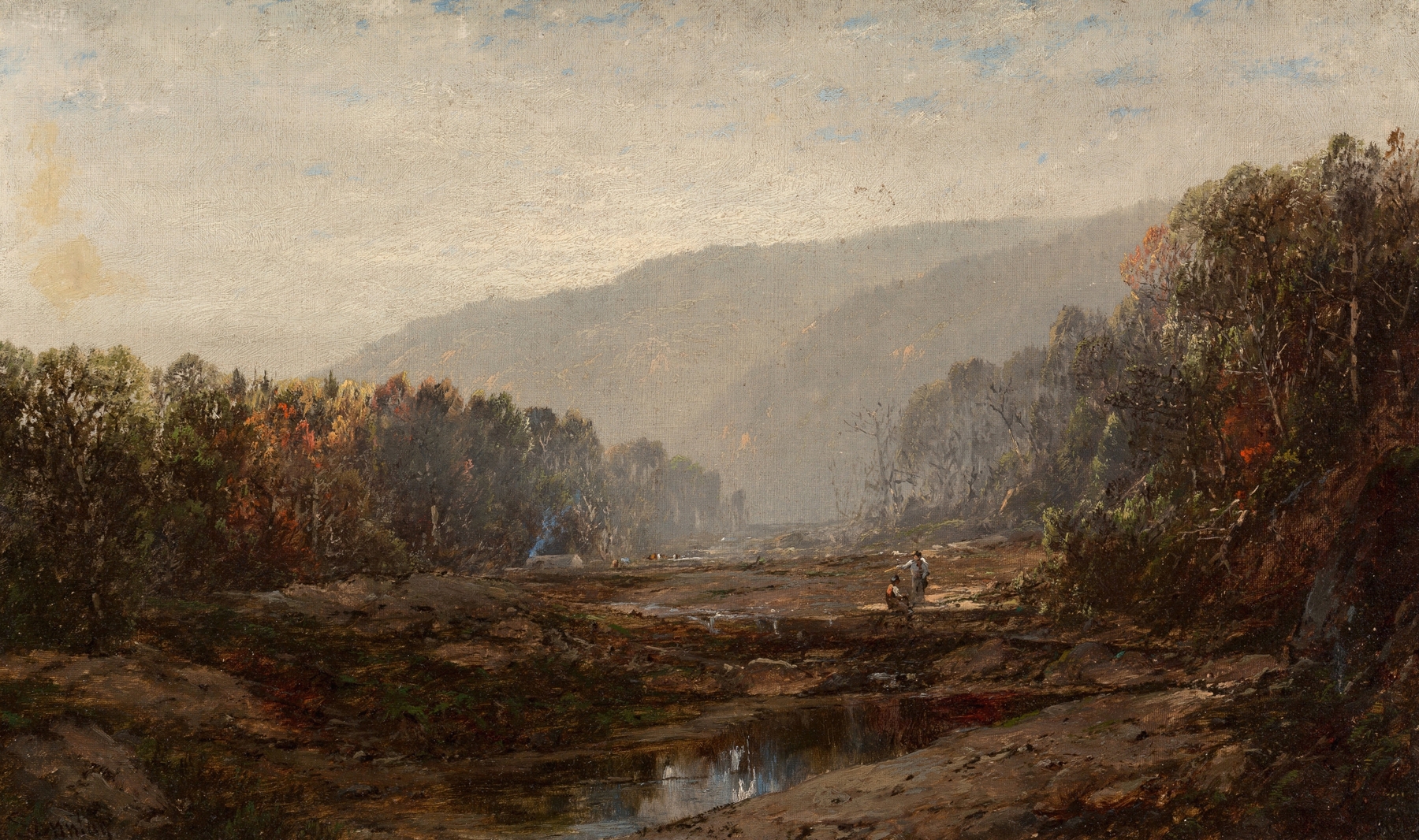 River Landscape by William Louis Sonntag, oil painting depicting a river, trees, and a serene horizon