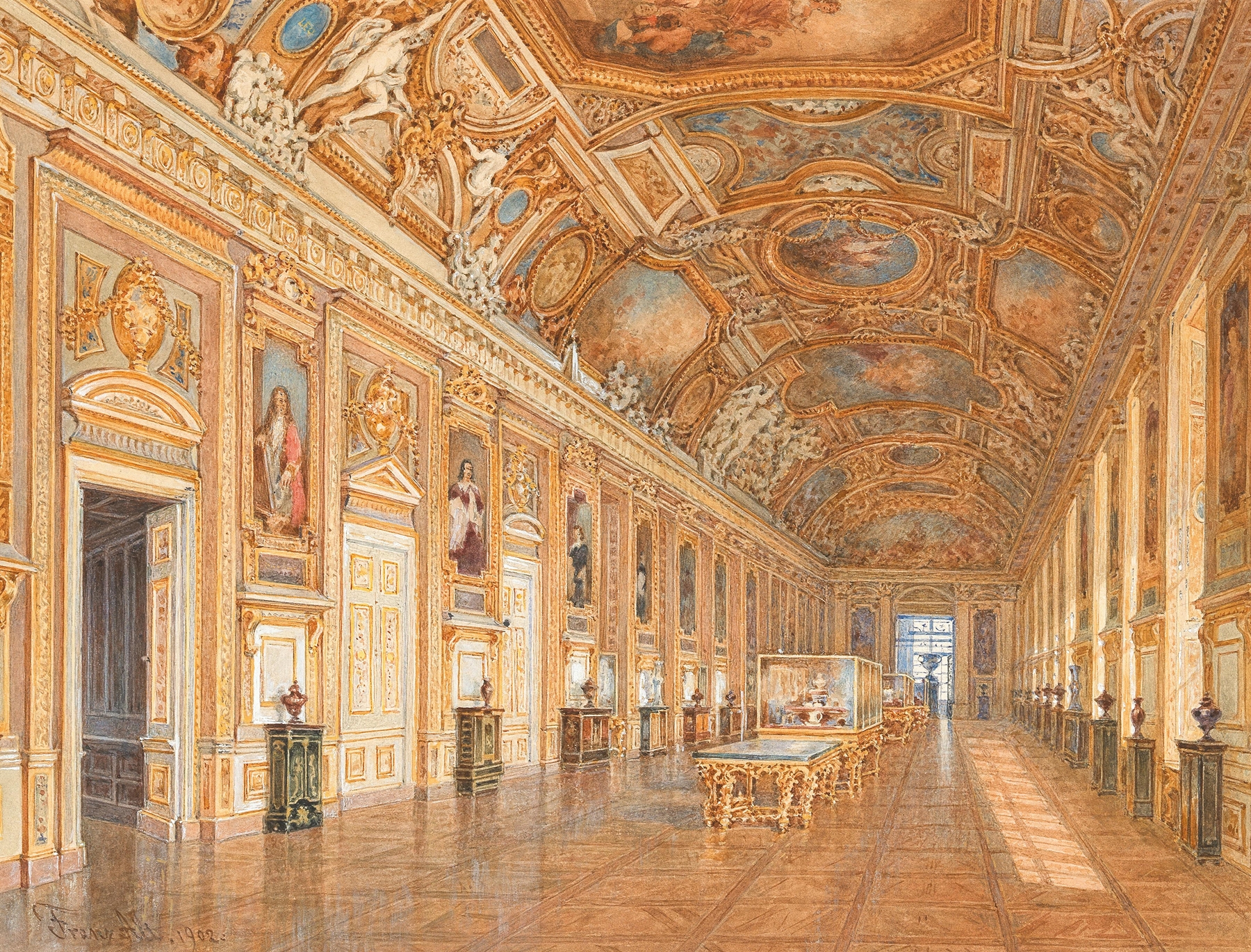 Interior view of Galerie d’Apollon in the Louvre, Paris by Franz Alt, unknown medium
