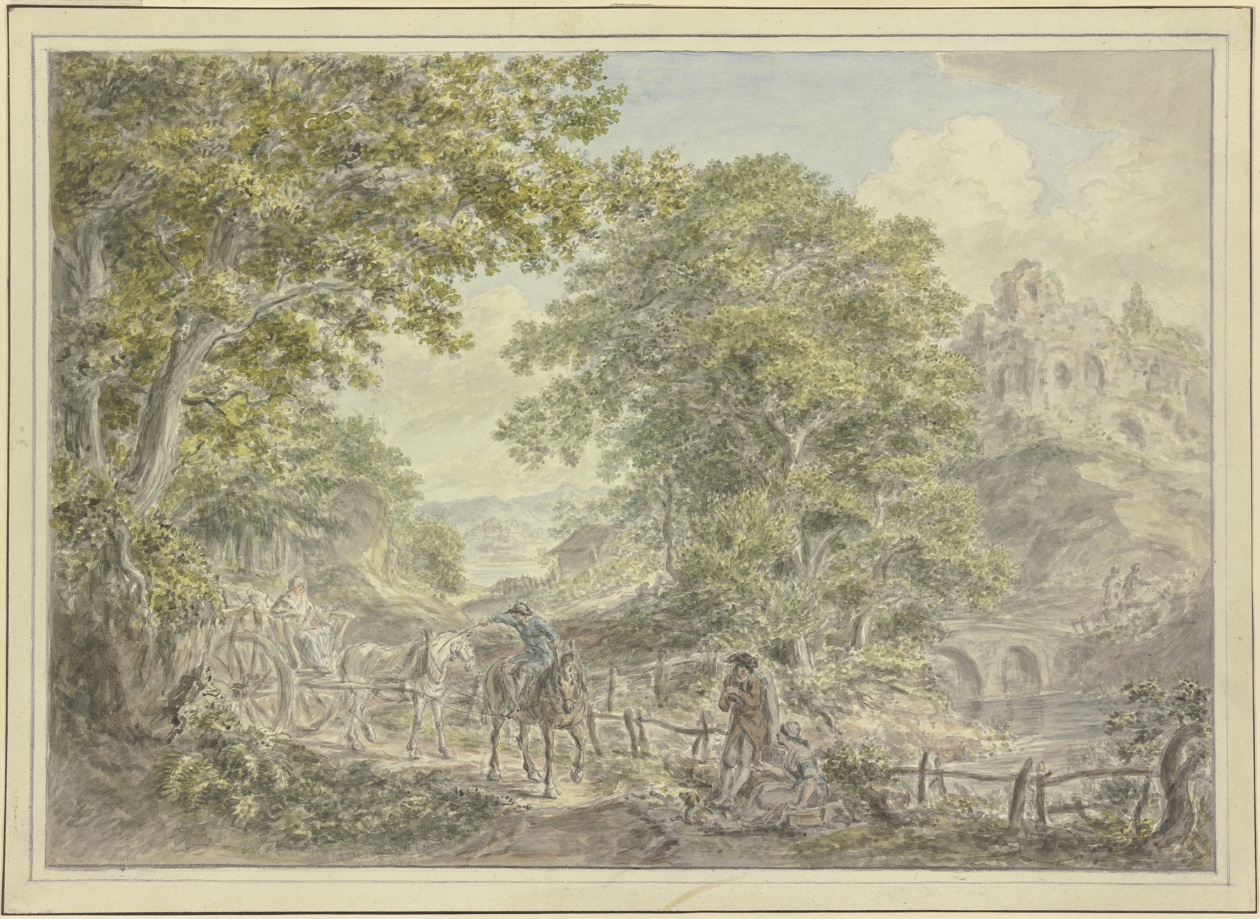 Waldige Landschaft by Hermanus van Brussel, oil on canvas featuring a wagon and horses in a serene landscape.