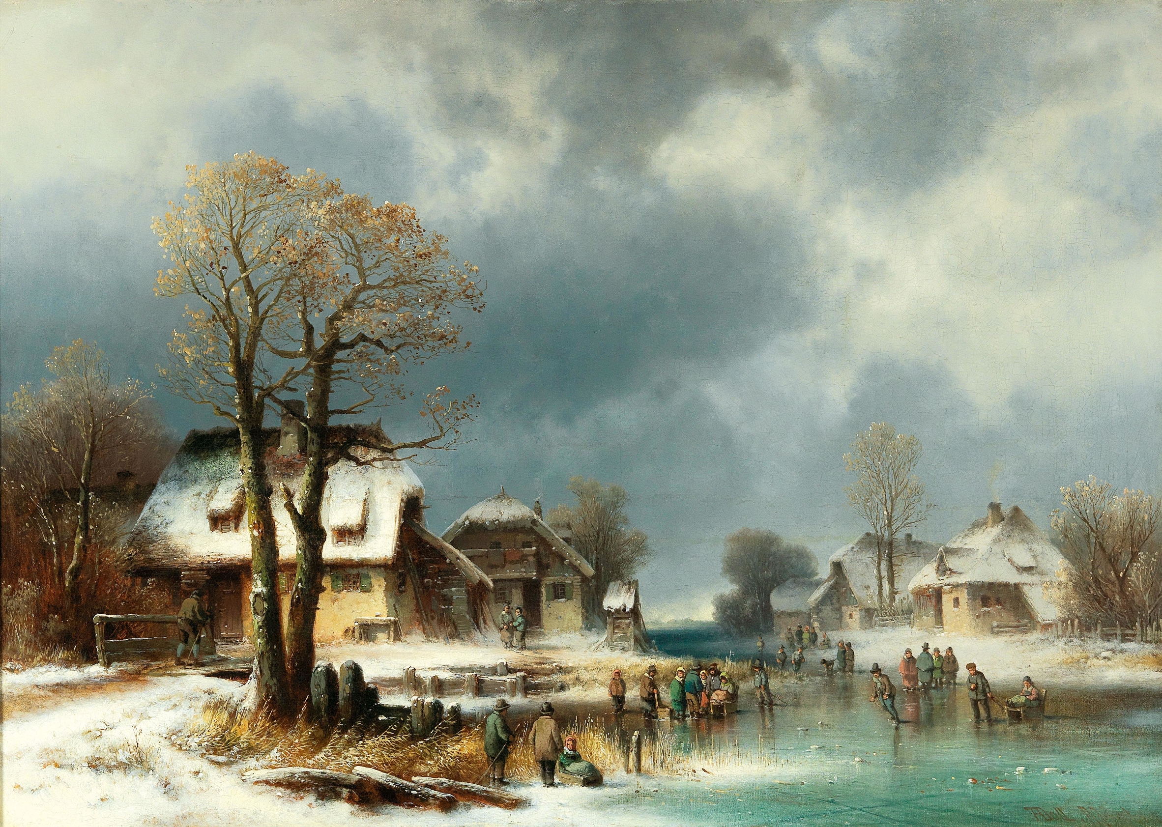 Genre scene of ice skating, oil on canvas by Anton Doll
