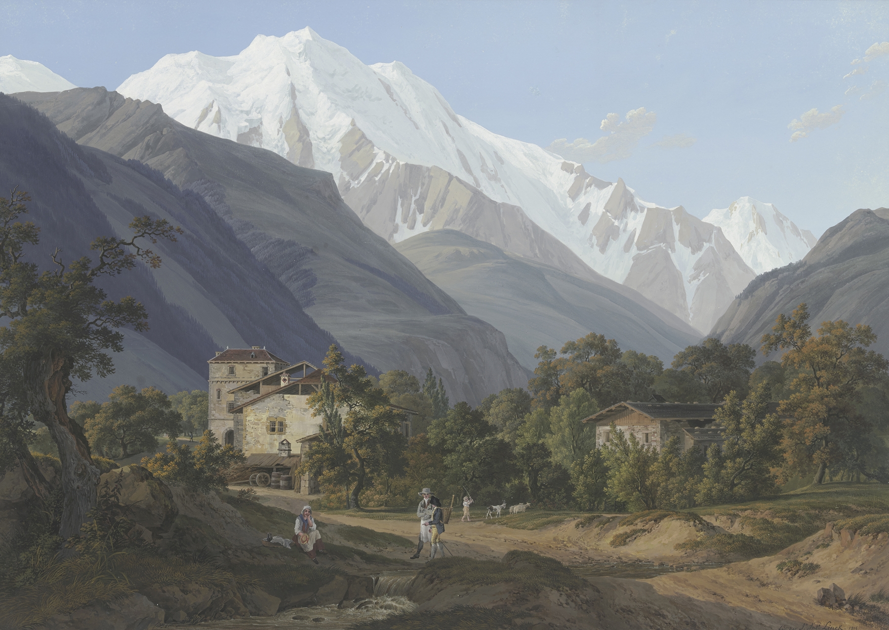 Vue de St. Gervais, de l’Aiguille blance, & du bon homme by Jean-Antoine Linck, oil painting depicting mountains and sky.