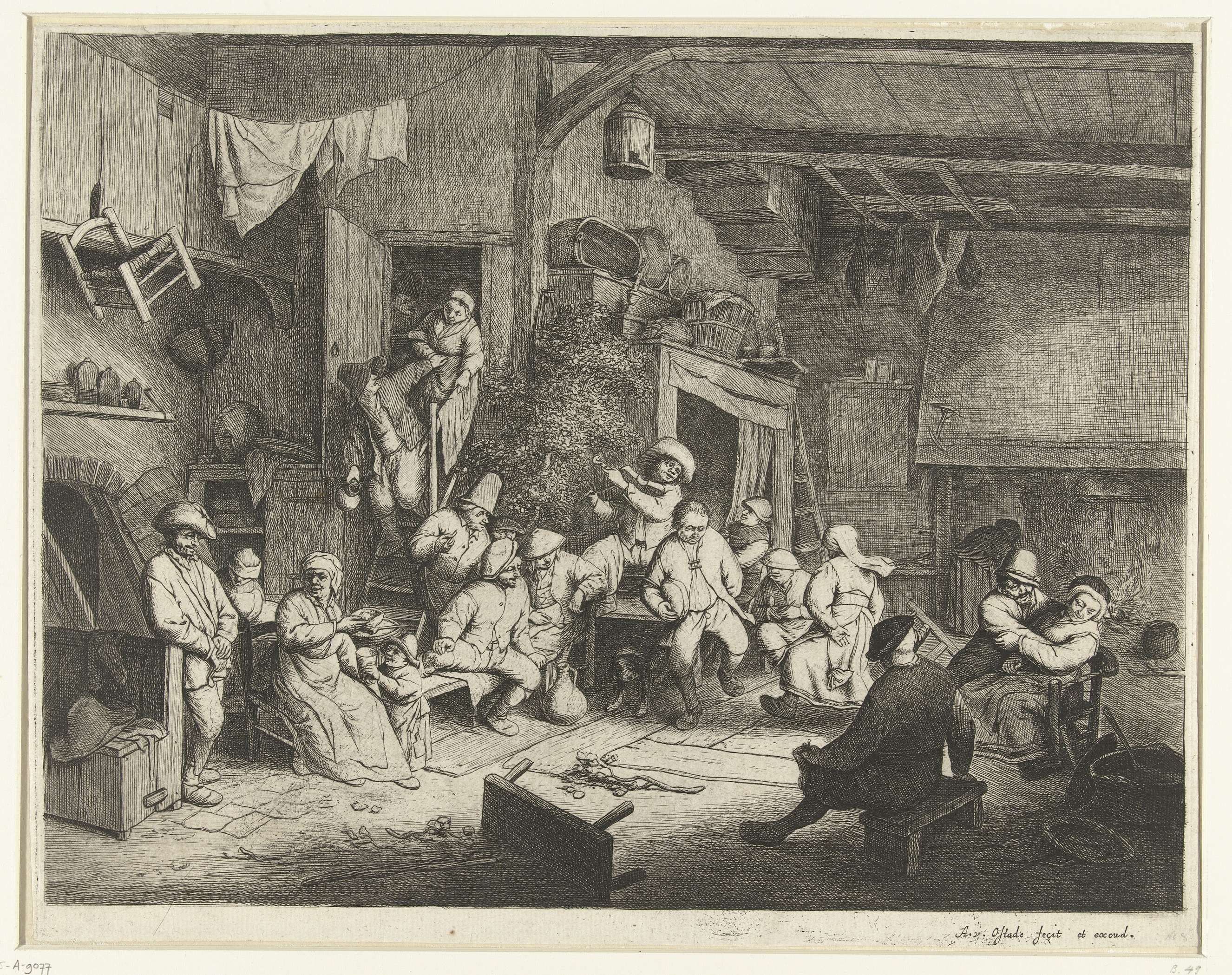 Etching by Adriaen van Ostade depicting revelers in a tavern with candlelight.